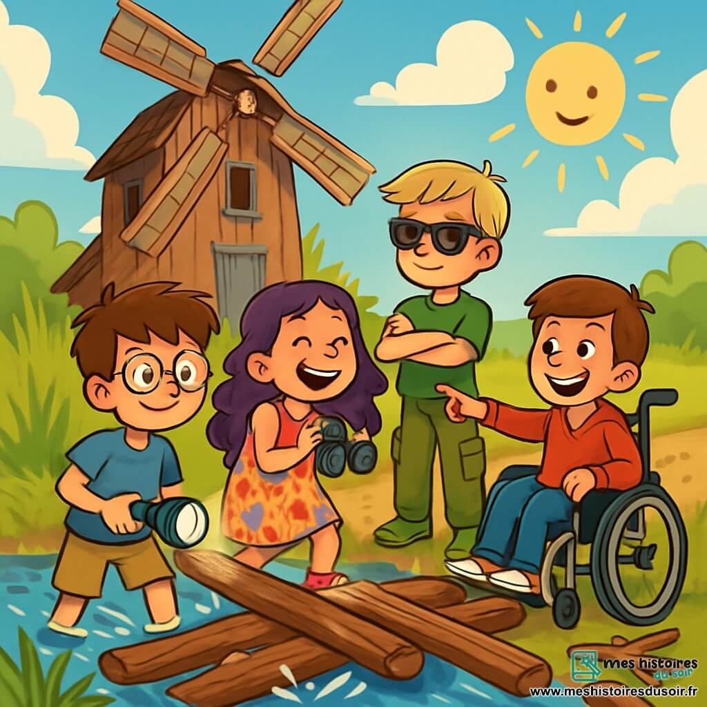 Quatre enfants sont présents : Lucas, 10 ans, cheveux bruns en bataille, lunettes rondes, t-shirt bleu et short beige, souriant avec une lampe de poche ; Violette, 9 ans, cheveux longs et bouclés teintés de violet, robe à fleurs colorées et baskets roses, riant avec des jumelles ; Max, 10 ans, cheveux blonds, lunettes de soleil sur le front, t-shirt vert et pantalon cargo, sérieux avec les bras croisés ; Arthur, 11 ans, cheveux châtains, souriant, en fauteuil roulant, sweat-shirt rouge et jean, pointant vers le vieux moulin. Le décor est un vieux moulin en bois, entouré d'herbes hautes et d'une rivière scintillante. Les enfants construisent un pont en bois improvisé pour traverser la rivière, concentrés et joyeux, avec des éclaboussures d'eau autour d'eux.