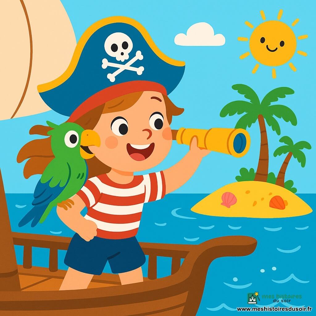 Capitaine Lola, une femme joyeuse avec un grand sourire et un chapeau de pirate coloré, se tient sur le pont de son bateau. Elle porte une chemise rayée et un pantalon court, ses cheveux flottant au vent. Elle observe une petite île au loin, tenant une longue-vue. À ses côtés, Toto le perroquet, aux plumes éclatantes de vert et de bleu, est perché sur son épaule, prêt à crier « Croa croa ! ». Le bateau navigue sur une mer bleue avec des vagues scintillantes sous le soleil. En arrière-plan, l'île est entourée de coquillages colorés et de palmiers. Lola et Toto sont prêts à explorer l'île mystérieuse, dans une ambiance joyeuse.