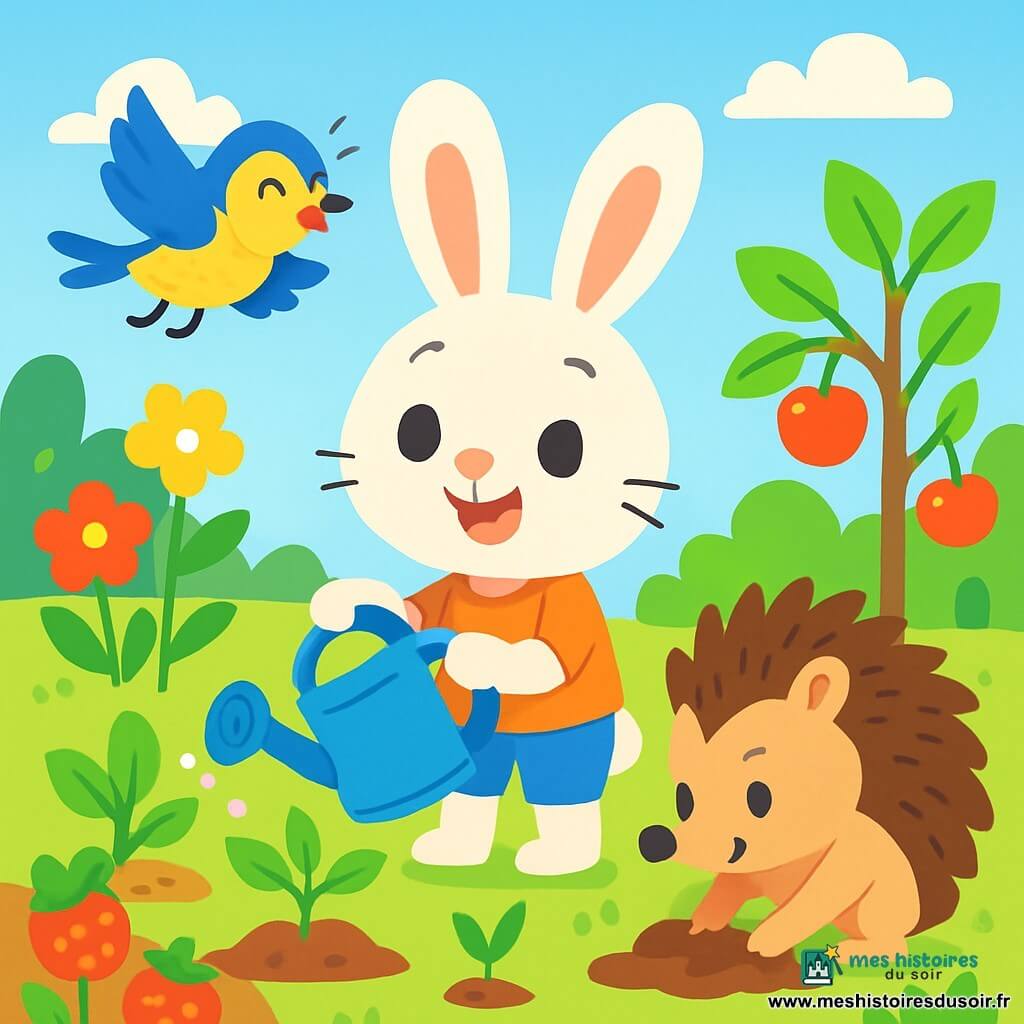 Léon le lapin, un petit personnage aux grandes oreilles et à la fourrure douce et blanche, se tient joyeusement au centre d'un jardin vibrant. Ses yeux pétillent d'excitation alors qu'il arrose des jeunes plants avec un seau bleu. Mina la mésange, un oiseau aux plumes jaunes et bleues, vole joyeusement au-dessus de lui, chantonnant avec un sourire éclatant. Sam le hérisson, avec ses piquants bruns et son petit nez noir, creuse la terre à côté de Léon, ses yeux brillants de détermination. Le jardin est rempli de fleurs colorées, de fraises rouges juteuses et de jeunes pommiers sous un ciel bleu clair. Léon et ses amis travaillent ensemble avec joie pour planter des arbres et des fleurs, montrant leur engagement à protéger la nature et à lutter contre le changement climatique.