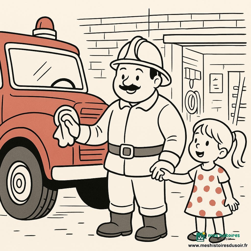 Maxime, pompier souriant à visage rond et fine moustache, casque brillant, polit la carrosserie d’un grand camion rouge avec un chiffon, posture attentive, tandis que Léa, environ 6 ans, cheveux en couette et robe à pois, tient sa main et pointe la grosse roue du camion à sa droite; en arrière-plan la caserne rouge avec grande porte ouverte, mur de briques, outils accrochés, tuyaux enroulés et échelle repliée; Maxime montre à Léa la sirène et le phare chromé dans une scène calme, lumineuse et rassurante, composition simple aux traits nets.
