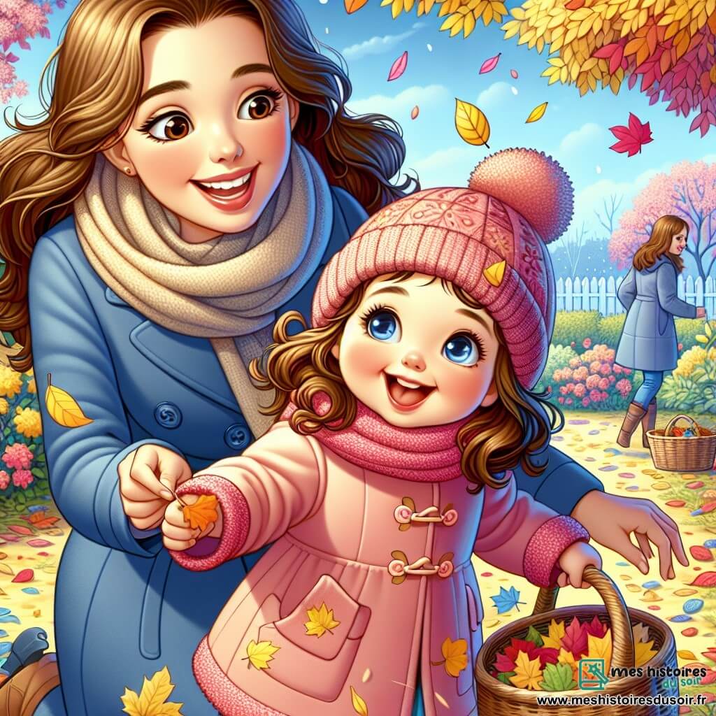 Une petite fille d'un an, avec de grands yeux brillants et des cheveux bouclés, porte un manteau rose et un chapeau en laine. Elle ramasse des feuilles colorées dans le jardin, aidée par sa maman, une femme d'environ 30 ans avec des cheveux longs et bruns, qui porte un manteau bleu. Elles sont entourées de feuilles jaunes, oranges et rouges tombées des arbres, sous un ciel bleu et ensoleillé, créant une ambiance festive et chaleureuse.