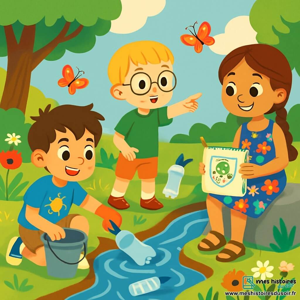 Trois personnages sont présents : Lucas, un garçon de 10 ans aux cheveux bruns en bataille, portant un t-shirt bleu et un short beige, accroupi près d'un ruisseau avec un seau et un gant pour ramasser des déchets ; Tom, un garçon de 9 ans aux cheveux blonds et portant des lunettes rondes, vêtu d'un t-shirt vert et d'un pantalon court, qui pointe une bouteille en plastique dans l'eau ; et Malo, une fille de 10 ans avec de longs cheveux châtains tressés, souriante, en robe à fleurs, assise sur un rocher, dessinant sur un carnet. Le cadre est un ruisseau entouré de fleurs sauvages et d'arbres, avec des papillons. Les amis sont déterminés à nettoyer le ruisseau, avec Lucas et Tom ramassant des déchets tandis que Malo dessine des affiches pour sensibiliser les autres enfants. L'atmosphère est joyeuse et énergique, reflétant leur engagement pour l'environnement.