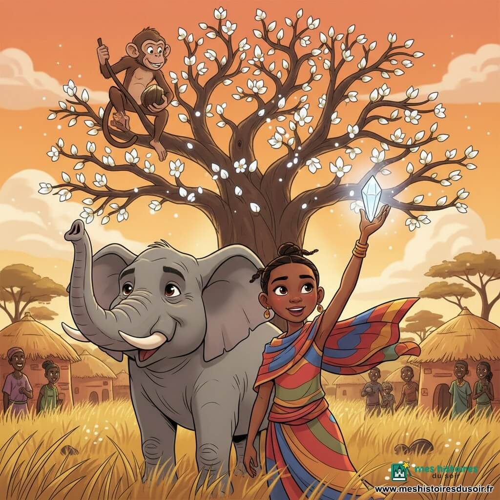 Zuri, fille d'environ 12 ans au visage rond et souriant, peau cacao et foulard coloré, lève un cristal lumineux vers le ciel avec détermination; à gauche un vieux grand éléphant gris au regard bienveillant, au-dessus un jeune singe brun sur une branche tient une noix magique brillante; village de savane africaine au coucher du soleil avec cases ocres, herbes dorées et un grand baobab aux bourgeons blancs qui s'ouvrent; la lumière blanche du cristal fait doucement fleurir le baobab tandis que animaux et villageois regardent, émerveillés.