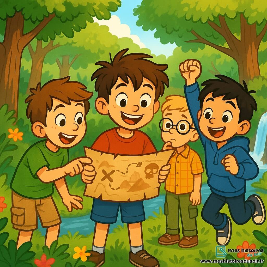 Quatre enfants se tiennent dans une forêt enchantée. Léo, 9 ans, au centre, sourit en tenant une vieille carte au trésor. Max, également 9 ans, observe la carte avec un air pensif, tandis que Tom, à gauche de Léo, pointe un symbole sur la carte avec enthousiasme. Sam, à droite de Léo, est excité et prêt à partir à l'aventure. La forêt, avec ses arbres majestueux, des fleurs colorées et une rivière scintillante, crée une ambiance magique. Les enfants, pleins d'énergie, sont impatients de découvrir le trésor caché.