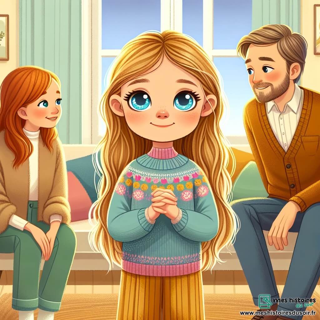 Dans un salon chaleureux, Clara, une petite fille de 8 ans aux longs cheveux dorés et aux yeux bleus pétillants, se tient au centre. Avec un léger sourire, elle regarde ses parents, prête à leur parler de ses sentiments. Son père, brun et barbu, est agenouillé à sa droite, attentif, tandis que sa mère, châtain et souriante, se trouve à sa gauche. Le salon, aux murs jaunes et décoré de coussins moelleux et de jouets, dégage une atmosphère accueillante. Clara s'apprête à exprimer ses émotions à ses parents, soulignant l'importance de la communication et de l'amour familial.