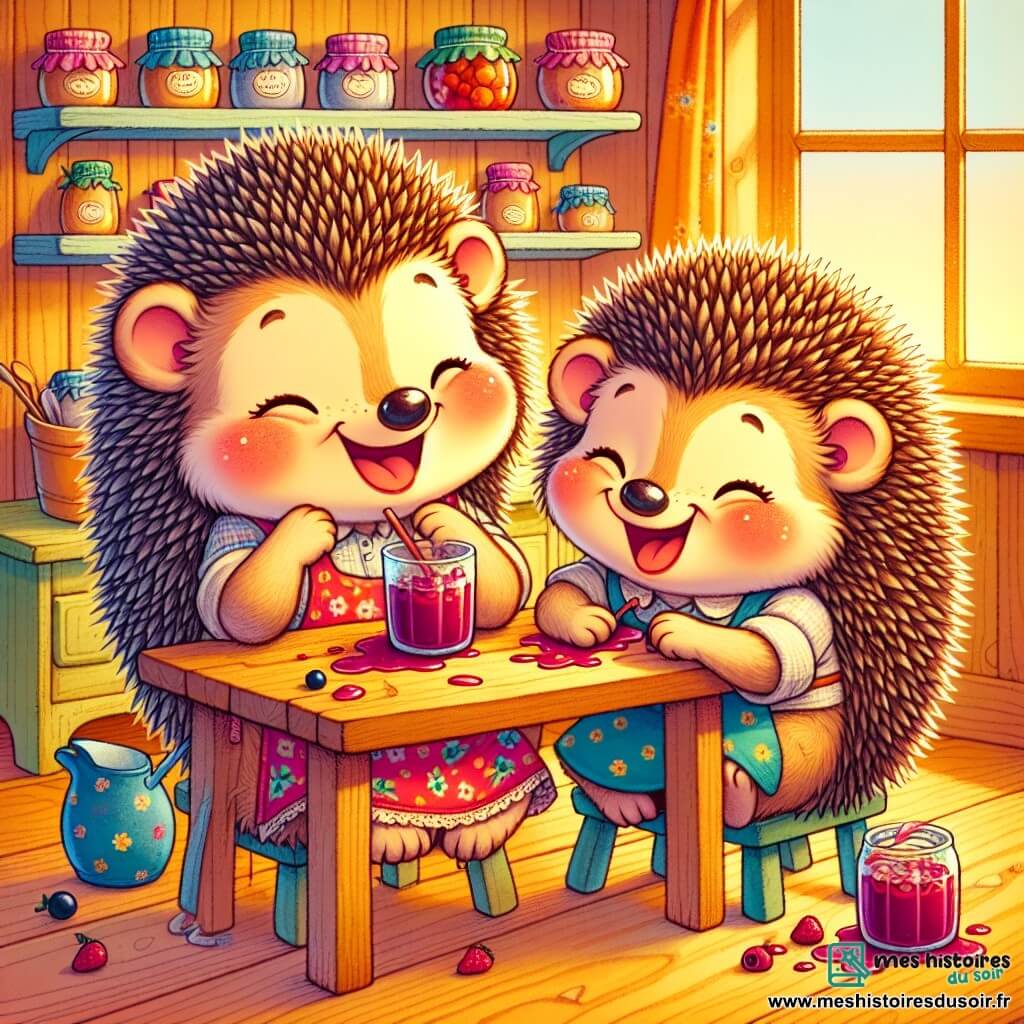 Deux jumeaux hérissons, Pic et Picot, sont assis à une table en bois, leurs yeux pétillants de malice. Pic, avec ses piquants bruns, renverse un verre de jus de baies, tandis que Picot rit aux éclats. Maman Hérisson, aux piquants soyeux et bienveillante, se tient à côté, riant et essuyant la nappe dans une cuisine chaleureuse aux murs en bois et aux étagères de confitures. Les jumeaux, en pleine compétition de blagues, créent une atmosphère joyeuse et conviviale.