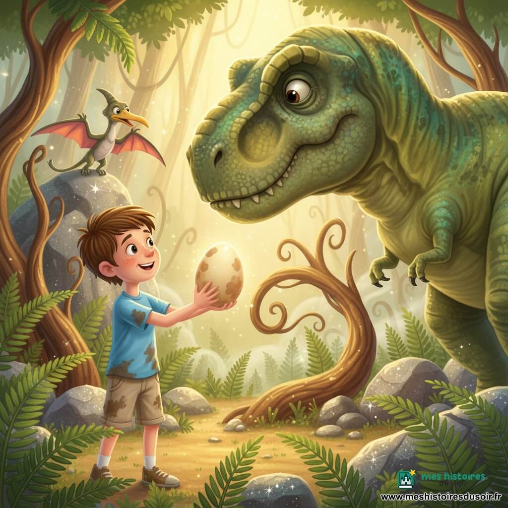 Garçon de 6 ans, joyeux et courageux, cheveux bruns courts et taches de rousseur, t-shirt bleu clair et short beige boueux, tend un gros œuf brillant vers un grand T-Rex doux à peau verte olive, qui s'incline pour le recevoir à sa droite ; en arrière-plan, un ptérodactyle perché sur un rocher observe protecteur la Vallée des Échos (fougères géantes, troncs tortueux, pierres scintillantes, brume légère, rayons dorés) ; ambiance magique et sécurisante, couleurs vives et chaudes, contrastes doux, plans rapprochés à diagonale dynamique, style enfantin détaillé, textures douces et ombres subtiles.