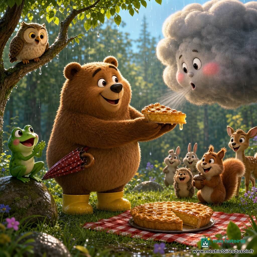Barnabé, grand ours brun pelucheux en bottes jaunes tenant un parapluie à pois, tend une grosse part de tarte au miel au centre d'une clairière ; Filou la petite grenouille verte, perchée sur une pierre à gauche, saute et applaudit ; un nuage-tonnerre cotonneux gris à petite bouche et joues roses flotte en face de Barnabé et souffle doucement sur la tarte, l'air d'abord étonné puis adouci ; une chouette aux grands yeux sur une branche et un écureuil ébouriffé tenant un gland rient en arrière-plan ; herbe et feuilles trempées brillent, une couverture à carreaux rouge porte la tarte ; scène lumineuse et colorée, textures moelleuses et humides, ambiance fantasy humoristique et rassurante centrée sur cet échange amical.