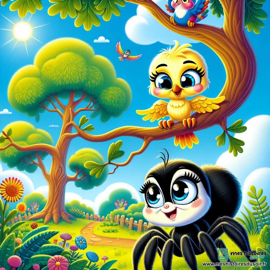 Chloé l’araignée, petite et délicate, avec un corps noir et des pattes fines, est perchée sur une branche d’un grand chêne, émerveillée par le ciel bleu parsemé de nuages. À ses côtés, Léo l’oiseau, aux plumes jaunes éclatantes et au petit bec orange, se tient sur une autre branche, souriant et prêt à s’envoler avec Chloé sur son dos. Le chêne majestueux, baigné de lumière, est entouré de fleurs colorées et d’herbe verte. Chloé, excitée et heureuse, s’accroche aux plumes de Léo alors qu’il s’apprête à s’envoler, créant un moment magique d’amitié et d’aventure.