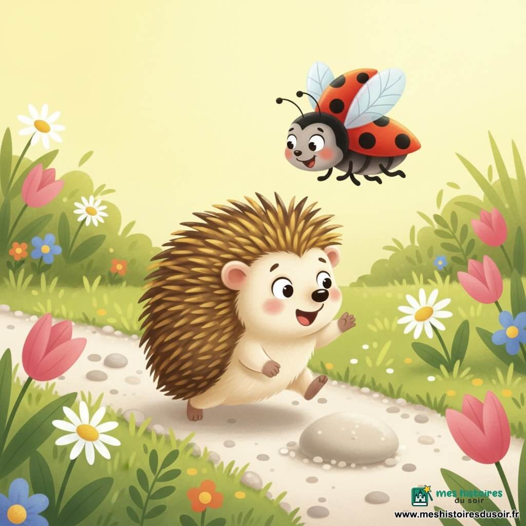 Un petit hérisson au ventre crème et aux piquants bruns dorés, brillants au soleil, se relève surpris — yeux ronds et bouche en "o" — après avoir heurté une pierre lisse, tandis qu'une coccinelle rouge à pois noirs, ailes déployées et sourire malicieux, vole au-dessus de lui pour l'encourager; le jardin lumineux, avec herbe courte, marguerites et tulipes roses, un sentier de gravier clair et la grosse pierre arrondie, crée une ambiance ludique et chaleureuse lors d'une course amicale au soleil.