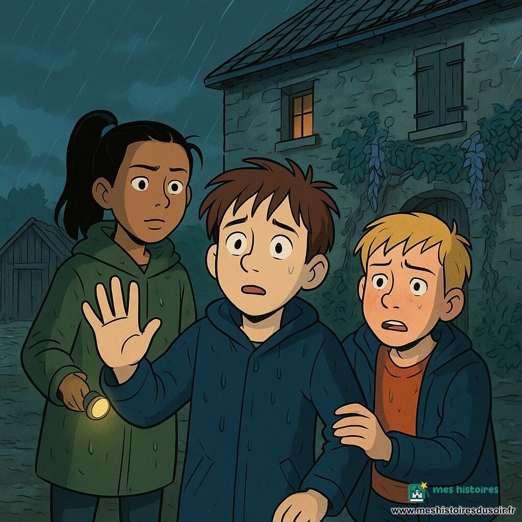 Malo, 12 ans, visage pâle éclairé par une lampe de poche, cheveux bruns en bataille, veste imperméable bleu sombre, debout devant un petit cabanon en bois la main levée comme après avoir prononcé un nom ; Lina, sa sœur aînée d'environ 15 ans, cheveux noirs en queue de cheval, expression ferme mais douce, manteau kaki humide, pose une petite lampe porte-clés allumée sur un muret à gauche de Malo ; Yanis, ami du même âge que Malo, visage rougi, cheveux blonds courts, tee-shirt mouillé sous sa veste, près de Malo serrant sa manche, légèrement accroupi ; derrière eux une vieille maison en pierre penchée aux volets cloués, glycine envahissante, sol boueux sous une pluie fine et un ciel orageux, reflets d’eau sur les pavés et faible lueur de bougie ou de fenêtre ; les trois enfants, sortis du cabanon après être passés par une armoire mystérieuse, se tiennent devant la façade, la petite lampe éclairant doucement la scène et créant une atmosphère à la fois inquiétante et apaisée, contraste entre ombres profondes et sources de lumière chaleureuse.