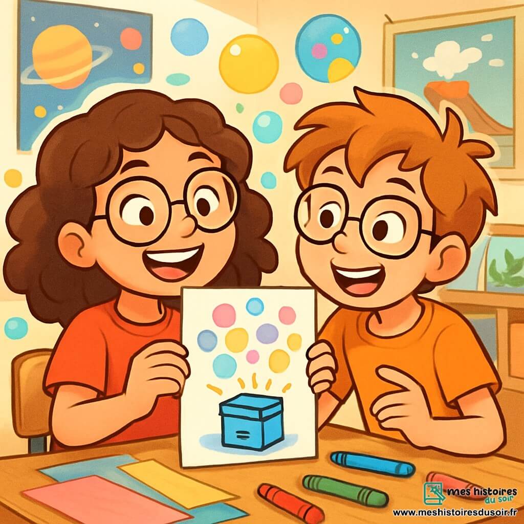 Une fille de 10 ans, Zoé, aux cheveux bruns et bouclés, avec des lunettes rondes, sourit avec des yeux pétillants d'excitation. Elle est assise à une table en bois, entourée de feuilles colorées et de feutres, tenant un dessin d'une boîte à souvenirs lumineuse. À côté d'elle, un garçon de 10 ans, Oscar, avec des cheveux ébouriffés et des lunettes, regarde attentivement le dessin, un sourire enthousiaste sur son visage. Ils se trouvent dans une salle de classe lumineuse, décorée de posters de planètes et de volcans, avec des bocaux d'expériences sur les étagères. Zoé et Oscar discutent joyeusement de leur invention, entourés de bulles de souvenirs colorées flottant autour d'eux, créant une atmosphère magique et inspirante.