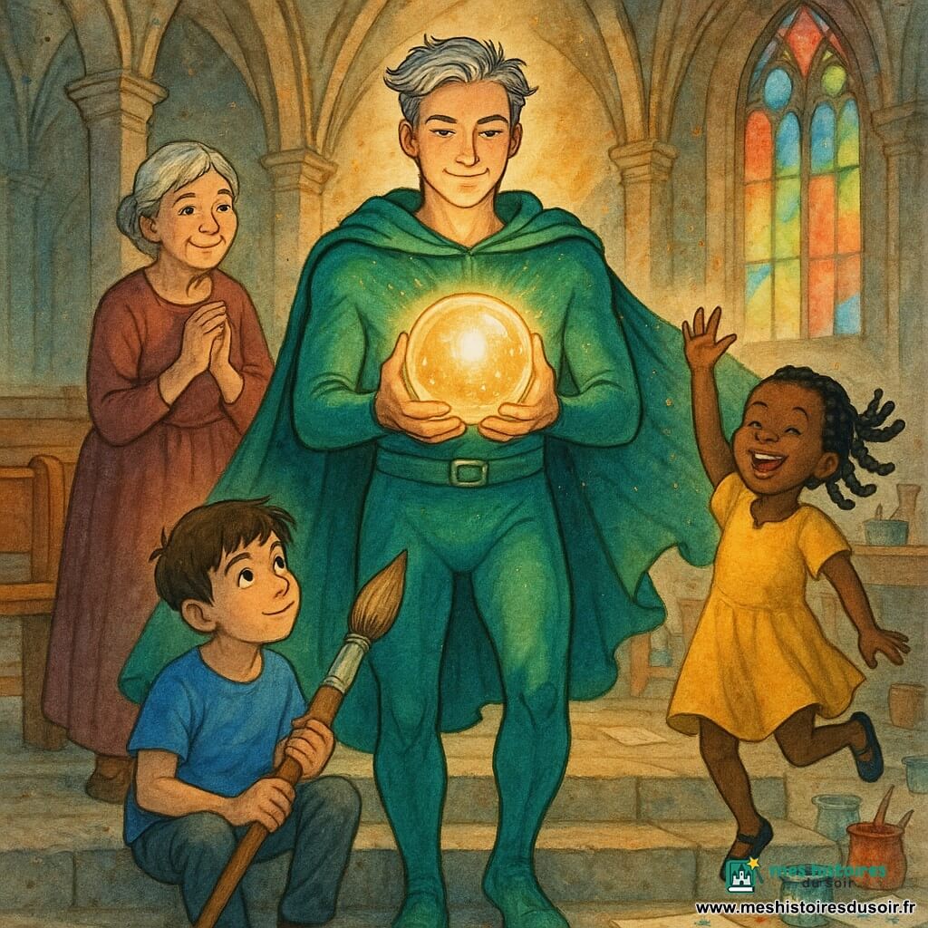 Un homme nommé Vortex, visage serein et concentré, cheveux argentés légèrement ébouriffés, costume vert émeraude brillant et cape flottante, tient entre ses mains une sphère de cristal lumineuse pulsant d'une lueur dorée ; il se tient au centre, debout sur des marches de pierre, regard déterminé et sourire doux, posture héroïque et bienveillante. Derrière lui à gauche, Magda, femme d'environ 60 ans aux cheveux gris en chignon et robe bordeaux, a les mains jointes et un visage chaleureux aux yeux humides. À droite de Vortex, une petite fille de 7 ans aux tresses et robe jaune saute de joie en levant la main, et devant lui, assis sur une marche, un garçon de 8 ans aux cheveux bruns et t-shirt bleu tient un pinceau géant et regarde la sphère avec admiration. Le décor est l'intérieur d'une ancienne cathédrale transformée en atelier : hautes voûtes en pierre, grands vitraux colorés projetant des rayons rouges, bleus et verts, bancs en bois et tables couvertes de pots de peinture et feuilles éparpillées. La scène, baignée d'une poussière dorée suspendue dans l'air, montre la montée vers la lumière ; la sphère éclaire les visages dans une ambiance chaleureuse aux couleurs vives et contrastées, encre texturée et lavis lumineux.