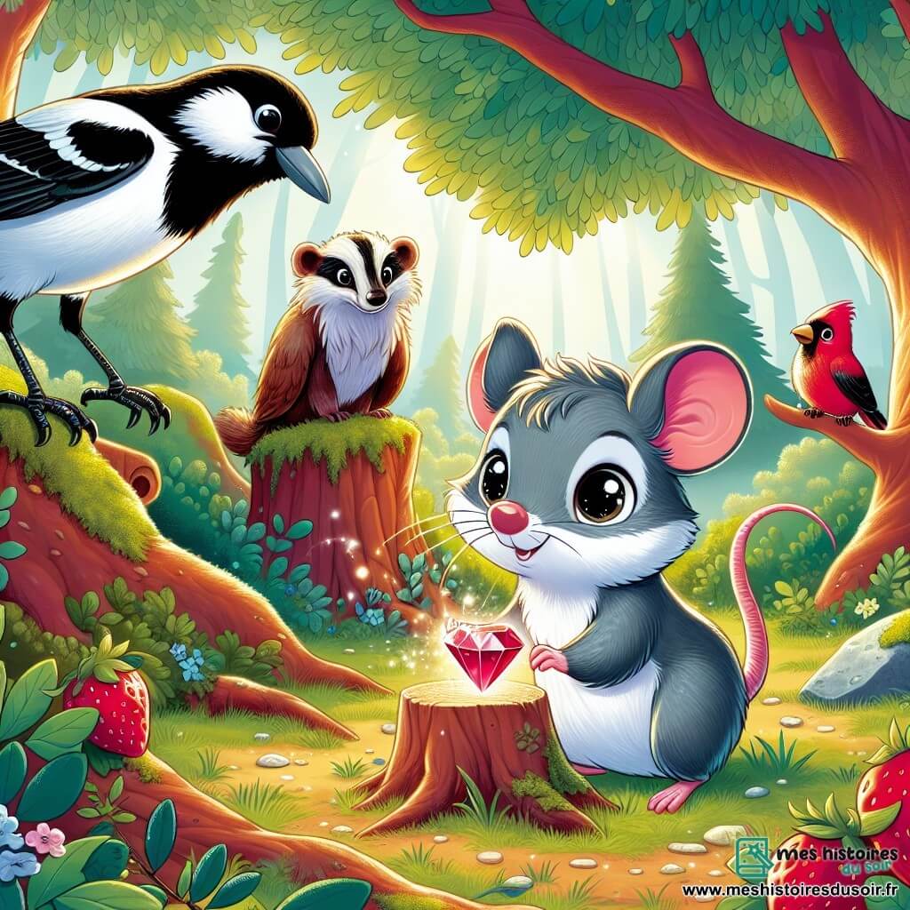 Une petite souris nommée Mésange, avec un pelage doux et gris, se tient fièrement au centre de la clairière, regardant un rubis rouge posé sur une souche d'arbre. À côté d'elle, une pie aux plumes noires et blanches s'apprête à s'envoler pour l'aider. En arrière-plan, un vieux blaireau observe la scène avec un sourire bienveillant, assis sur une pierre recouverte de mousse. La clairière, entourée d'arbres majestueux, est illuminée par des rayons de soleil, créant une atmosphère magique. Mésange se prépare à récupérer le rubis, symbole de la magie de la forêt, tandis que ses amis l'encouragent.
