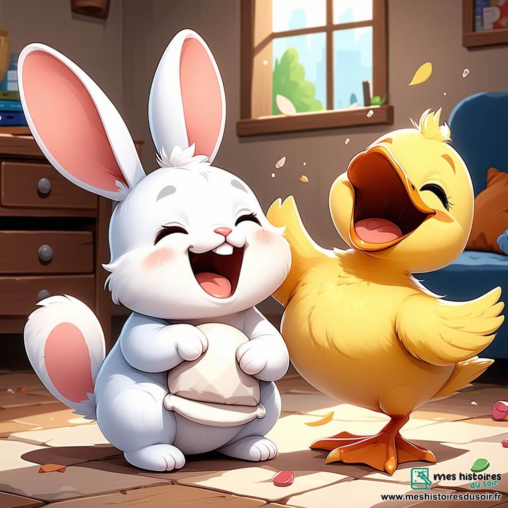 Un petit lapin nommé Léo, avec des oreilles longues, un pelage blanc et des yeux malicieux, se roule par terre en riant avec un coussin qui fait pouet-pouet. À côté, un canard joyeux nommé Gaston, au plumage jaune et au grand sourire, sursaute en riant de Léo. La scène se déroule dans une chambre douillette aux murs bleu pastel, avec un tapis moelleux et des étoiles accrochées au plafond. Des jouets colorés sont éparpillés, et une veilleuse éclaire la pièce. Léo et Gaston s’amusent ensemble, créant une atmosphère joyeuse et ludique, parfaite pour une histoire drôle avant de dormir.