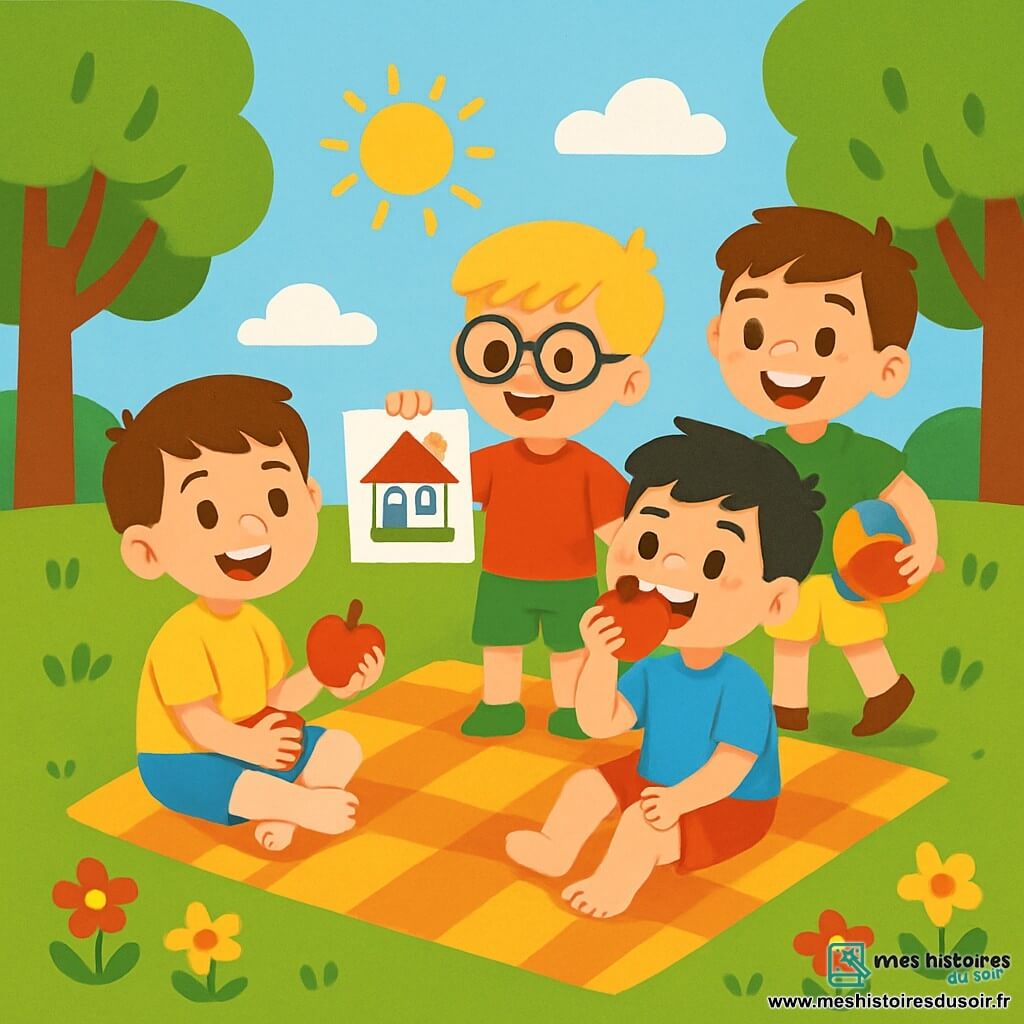 Quatre enfants profitent d'un pique-nique dans un parc ensoleillé. Maxime, 6 ans, a des cheveux bruns et sourit en tenant une pomme. Léo, également 6 ans, a des cheveux blonds et des lunettes rondes, montrant son dessin d'une maison. Paul, avec des cheveux noirs et des taches de rousseur, croque dans une pomme. Hugo, aux cheveux châtains, tient une balle et est prêt à jouer. Le parc est verdoyant, avec des fleurs colorées et un ciel bleu. Les enfants rient et échangent des dessins, créant une ambiance joyeuse.