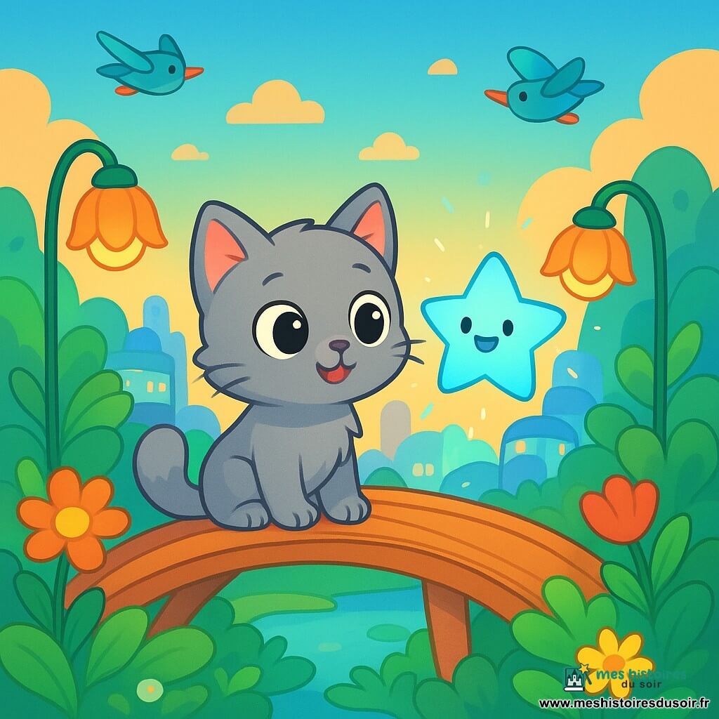 Un petit chat gris nommé Miro se tient sur un pont du ciel, avec une expression émerveillée. Il a des poils doux et ses petites pattes sont délicatement posées sur le bois. À ses côtés, une étoile lumineuse appelée Luma flotte joyeusement, changeant de couleur et souriant. Le jardin suspendu est rempli de plantes vertes et de fleurs colorées, avec des lampadaires en forme de fleurs et des drones en forme d'oiseaux. Miro et Luma observent une cité futuriste en contrebas, avec des maisons en verre scintillantes, tandis que Luma crée des mots et des images lumineuses dans l'air.