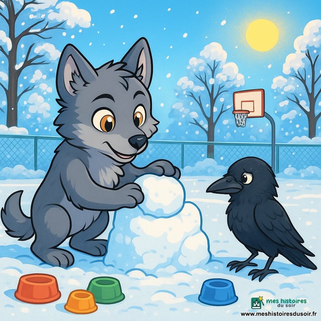 Un jeune loup gris nommé Néb, aux yeux dorés, se tient sur un terrain de sport enneigé. Il construit un petit mur de neige avec des moules colorés. À proximité, un merle noir, inquiet mais reconnaissant, l'observe. Le terrain est entouré d'arbres chargés de neige sous un ciel bleu, où le soleil brille. Néb crée un abri pour le merle blessé, illustrant sa détermination à aider un autre être vivant.