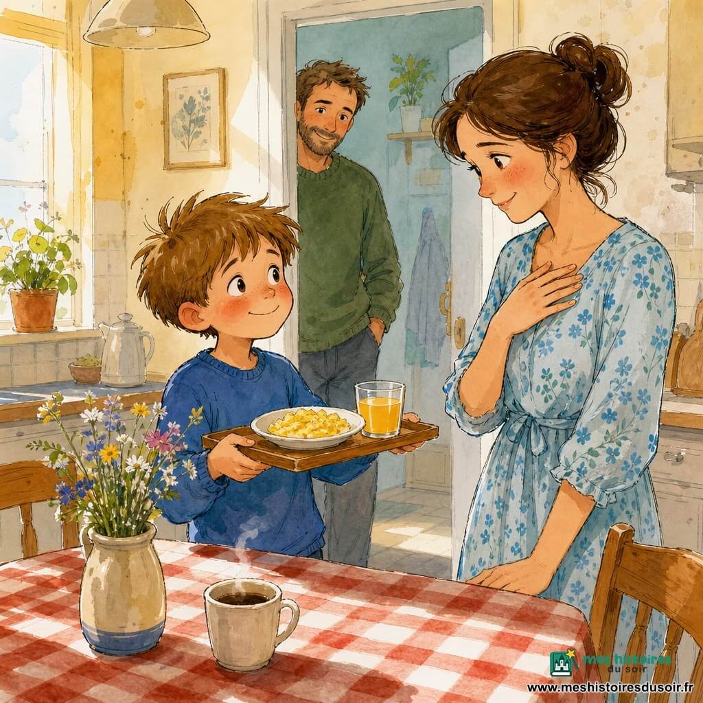Un garçon de 8 ans, visage rond, cheveux châtain clair en bataille, yeux grands et timides et sourire fier, pose un petit plateau avec des œufs brouillés et un verre de jus d'orange sur une table en bois clair couverte d'une nappe à carreaux rouges et blancs; la mère d'environ 35 ans, cheveux bruns en chignon, robe à fleurs bleu clair, yeux doux et main sur la poitrine, s'étonne, tandis que le père d'environ 38 ans, barbe de quelques jours et pull vert, l'observe depuis l'embrasure de la porte avec affection; cuisine ensoleillée, vase simple de fleurs sauvages, tasse de café fumante et lumière du matin créant des ombres douces; scène intime et chaleureuse centrée sur la surprise d'anniversaire et les regards échangés.