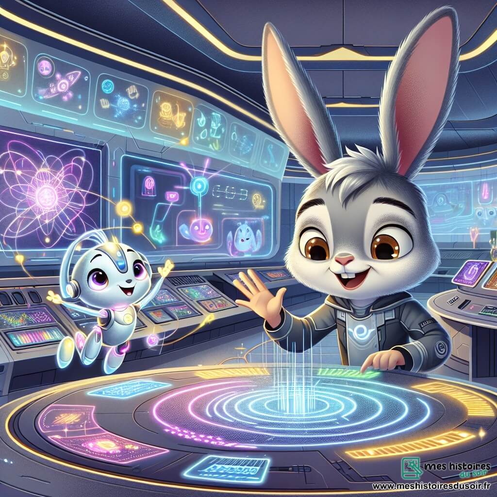 Zéphyr, un jeune lapin au pelage gris argenté et aux yeux curieux, est au centre de la scène, les oreilles dressées et un sourire émerveillé, manipulant un écran holographique dans le Centre de Commande de Luminopolis. À ses côtés, Aria, un drone flottant aux formes douces et aux lumières scintillantes, projette des images colorées tout en guidant Zéphyr dans la reconfiguration des circuits. En arrière-plan, le Centre de Commande est un bâtiment futuriste aux lignes épurées, avec des murs en verre et des écrans lumineux, créant une atmosphère dynamique. Zéphyr et Aria collaborent pour résoudre un problème de communication, entourés de lumières clignotantes et de graphiques animés, illustrant l'urgence de leur mission.