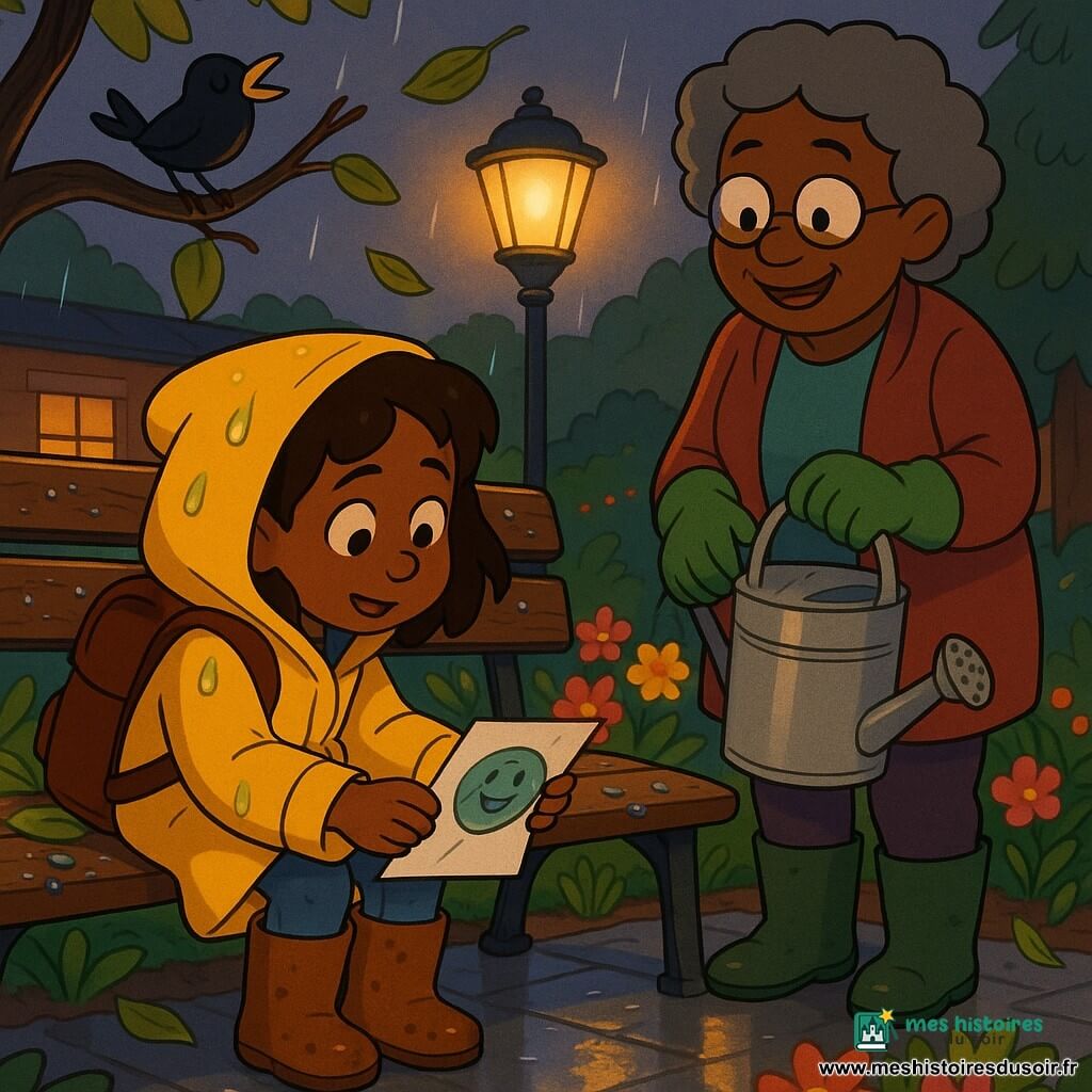 Mila, 8 ans, curieuse, assise près d'un banc en bois mouillé, porte un sac à dos trop grand, une veste jaune et des bottines boueuses; elle tient une feuille pliée dessinant une planète souriante — Madame Lune, femme d'environ 60 ans, souriante et bienveillante, en gants de jardinage et bottes humides, tient un arrosoir en métal debout à côté d'elle; un merle chante sur une branche basse et quelques feuilles trempées tombent autour; lieu : petit jardin d'école au crépuscule avec sols pavés luisants, massifs de fleurs et lampadaire diffusant une lumière douce; scène centrée sur la découverte d'une "carte des petits gestes" sous le banc, atmosphère humide, lumineuse et rassurante.