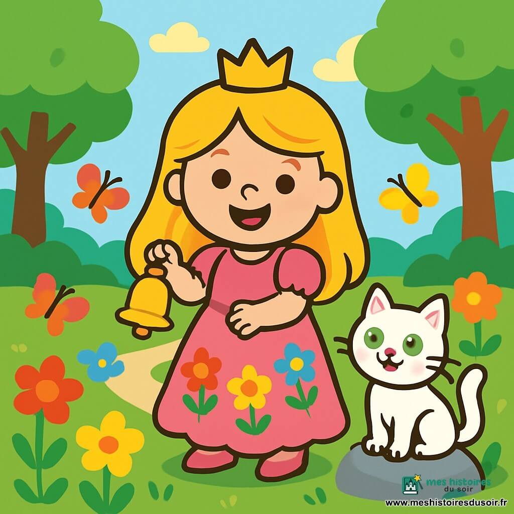 Une princesse nommée Lina se tient dans un jardin enchanteur, souriante, avec de longs cheveux dorés et une robe rose ornée de fleurs. Elle tient une cloche dorée dans ses mains. À ses côtés, un chat blanc aux yeux verts, espiègle, l'observe en miaulant, assis sur une pierre. Le jardin est rempli de fleurs colorées et de papillons, avec des arbres majestueux et une douce lumière du matin. Lina cherche sa cloche perdue, entourée de la beauté du jardin, prête à découvrir les merveilles qui l'attendent.