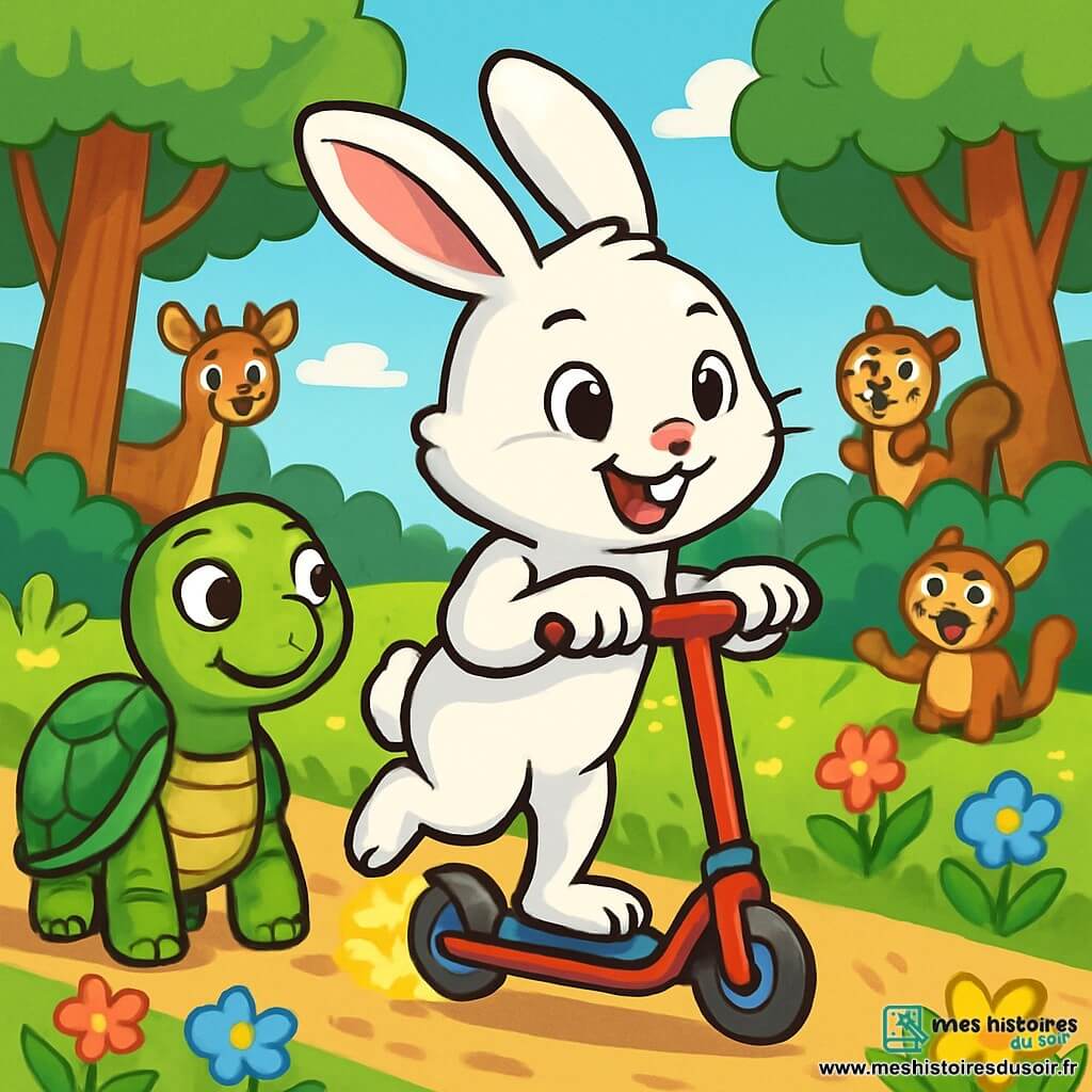 Un petit lapin nommé Rémi, avec un pelage blanc et soyeux, se tient sur sa trottinette magique, les yeux brillants d'excitation et un grand sourire. Sa patte arrière est plus courte, mais il se sent courageux et déterminé. À ses côtés, Timothée la tortue, avec une carapace verte, l'encourage avec admiration. La scène se déroule dans une clairière ensoleillée de la Forêt Enchantée, entourée d'arbres majestueux et de fleurs colorées. Rémi s'élance sur sa trottinette, prêt pour une course de relais, tandis que les autres animaux l'observent avec enthousiasme.
