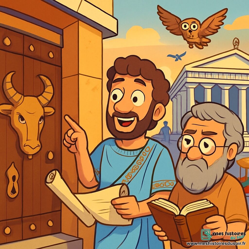 Périclès, avec des cheveux bouclés et une barbe soignée, porte une toge bleu ciel ornée de motifs dorés. Son visage montre excitation et appréhension, ses yeux brillent d'aventure. Il tient un vieux rouleau de papyrus et pointe vers une grande porte décorée de cornes de bouc. À ses côtés, Aristote, âgé d'environ 50 ans, avec des lunettes rondes et une longue barbe grise, observe avec scepticisme, vêtu d'une tunique simple et tenant un livre ouvert. En arrière-plan, le temple de Zeus se dresse majestueusement, entouré de statues et d'un marché animé. Périclès est prêt à entrer dans le sanctuaire de l'Oracle du Bouc, déterminé à changer l'histoire avec un sort interdit, tandis qu'un hibou mystérieux survole la scène.