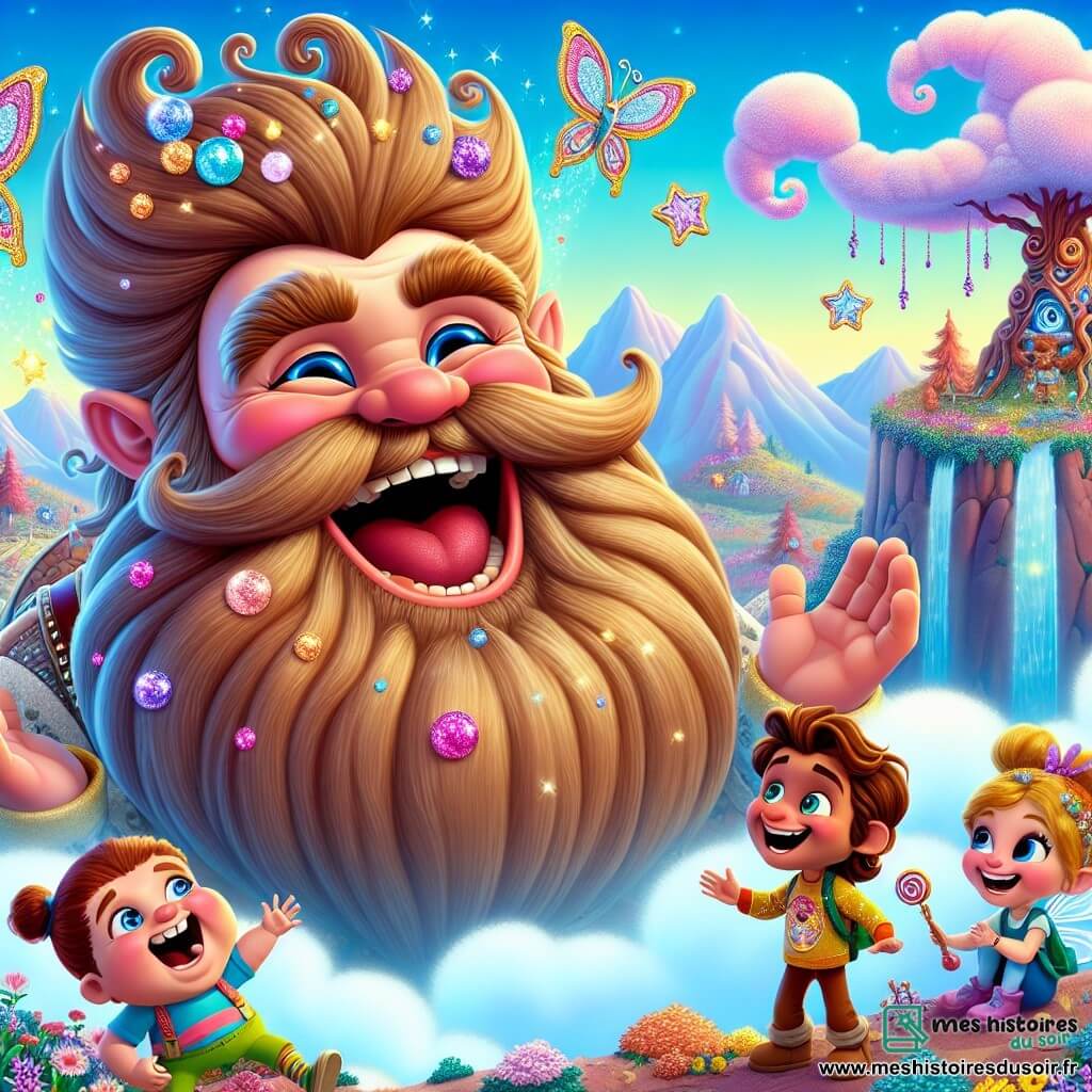 Un géant joyeux nommé Gigi, avec une grande barbe en forme de barbe à papa et un sourire éclatant, est assis sur un nuage au sommet de la Montagne des Merveilles. Il rit aux éclats en regardant deux enfants en bas. Maxou, un petit garçon de 8 ans avec des cheveux châtains et un t-shirt coloré, raconte une blague, tandis que Lila, une petite fée de 7 ans aux ailes scintillantes, fait des grimaces. La scène se déroule sur la Montagne des Merveilles, un paysage enchanteur avec des fleurs colorées, des arbres torsadés et des rivières scintillantes. Maxou et Lila, en pleine performance comique, tentent de faire rire Gigi, créant une atmosphère joyeuse et magique.