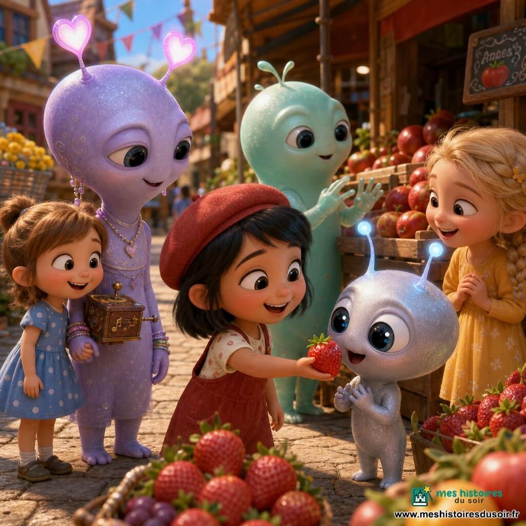 Six personnages se tiennent sur un marché de village en plein jour : Lila, 5 ans, châtain clair en deux couettes, robe bleue à pois, tient la main d'une extraterrestre violette et sourit en regardant les fraises ; Noor, 5 ans, cheveux noirs courts et casquette rouge, au centre, tend une fraise rouge vif à une petite extraterrestre argentée aux antennes bleues qui ouvre des yeux émerveillés ; Maë, 5 ans, blonde en tresse, robe jaune à droite, rit en observant les visiteurs ; extraterrestre 2, taille moyenne vert menthe aux doigts translucides, admire un étal de pommes rouges derrière Noor ; extraterrestre 3, plus grand et violette, porte des accessoires rêvés et tient Lila par derrière ; le marché animé présente étals en bois colorés chargés de fraises, pommes et raisins, drapeaux en tissu, pavés clairs et une nacelle argentée près d’un bosquet de fleurs jaunes, lumière douce du matin et couleurs saturées.