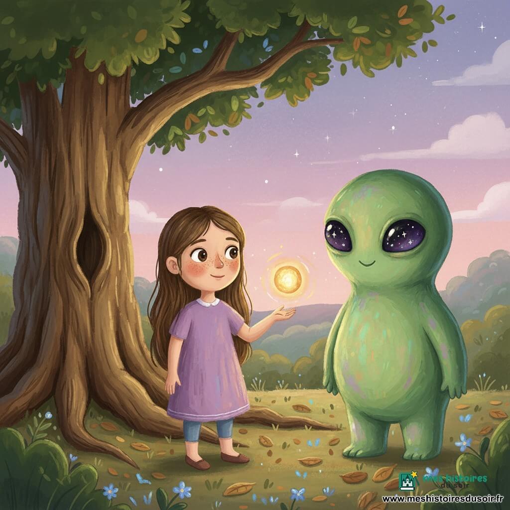 Lila, fillette de 8 ans au visage rond et taches de rousseur, cheveux bruns longs, sourit en tendant la main vers une petite lumière flottante ; à côté d'elle, Zog, un extraterrestre bulbeux vert aux yeux étoilés, émet une lueur changeant de couleur ; ils se rencontrent près d'un vieux chêne massif à l'écorce rugueuse, le sol couvert de feuilles ocres et de petites fleurs luminescentes bleues et violettes, collines au loin sous un ciel crépusculaire violet-rose constellé ; style gouache aux coups de pinceau visibles, contours doux et palette pastel dominée par verts, violets et ocres, ambiance chaleureuse.
