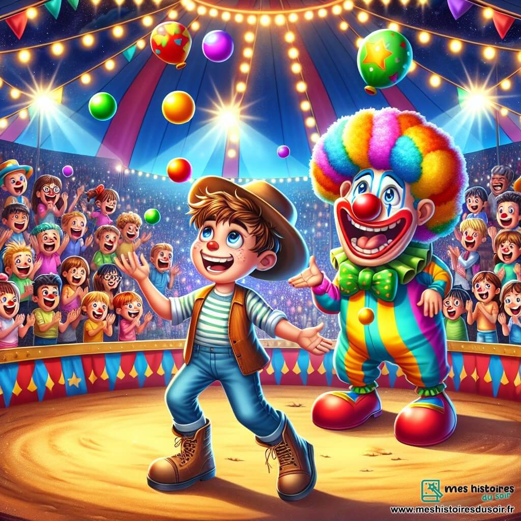 Max, un garçon de onze ans avec des cheveux ébouriffés et un chapeau de cow-boy, jongle avec des ballons colorés, souriant. À sa droite, Bouglou, un clown géant aux cheveux multicolores et au nez rouge, rit en l'encourageant. À gauche, un groupe d'enfants applaudit et rit, certains tenant des ballons en forme d'animaux. Le décor est un chapiteau de cirque coloré et lumineux, avec des spectateurs émerveillés autour de la piste. Max jongle pendant que Bouglou fait des grimaces, captivant les enfants et créant une ambiance joyeuse.
