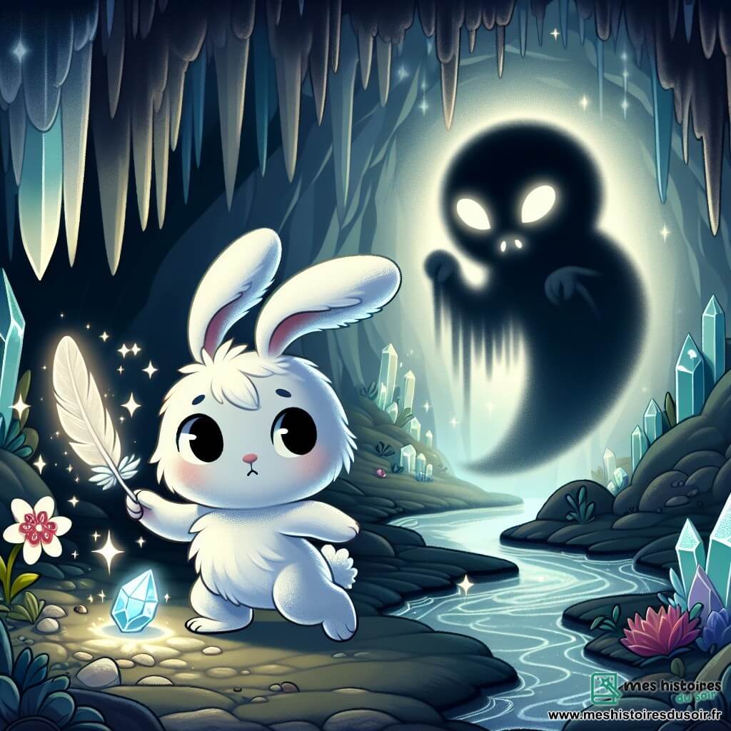 Un petit lapin aux grandes oreilles, au pelage doux et blanc, se tient au centre de la scène, regard déterminé, brandissant une plume brillante, une fleur luminescente et une pierre scintillante. À sa droite, une ombre mystérieuse, floue et sombre, flotte dans l'air, avec des yeux brillants, semblant reculer face au courage du lapin. La scène se déroule dans une grotte sombre, avec des murs scintillants de cristaux et des ombres dansantes. Des stalactites tombent du plafond, et un ruisseau murmure doucement au fond, ajoutant à l'ambiance mystérieuse. Le lapin, confronté à ses peurs, se tient sur ses pattes arrière, prêt à affronter l'inconnu, tandis que l'ombre hésite, créant une tension palpable.