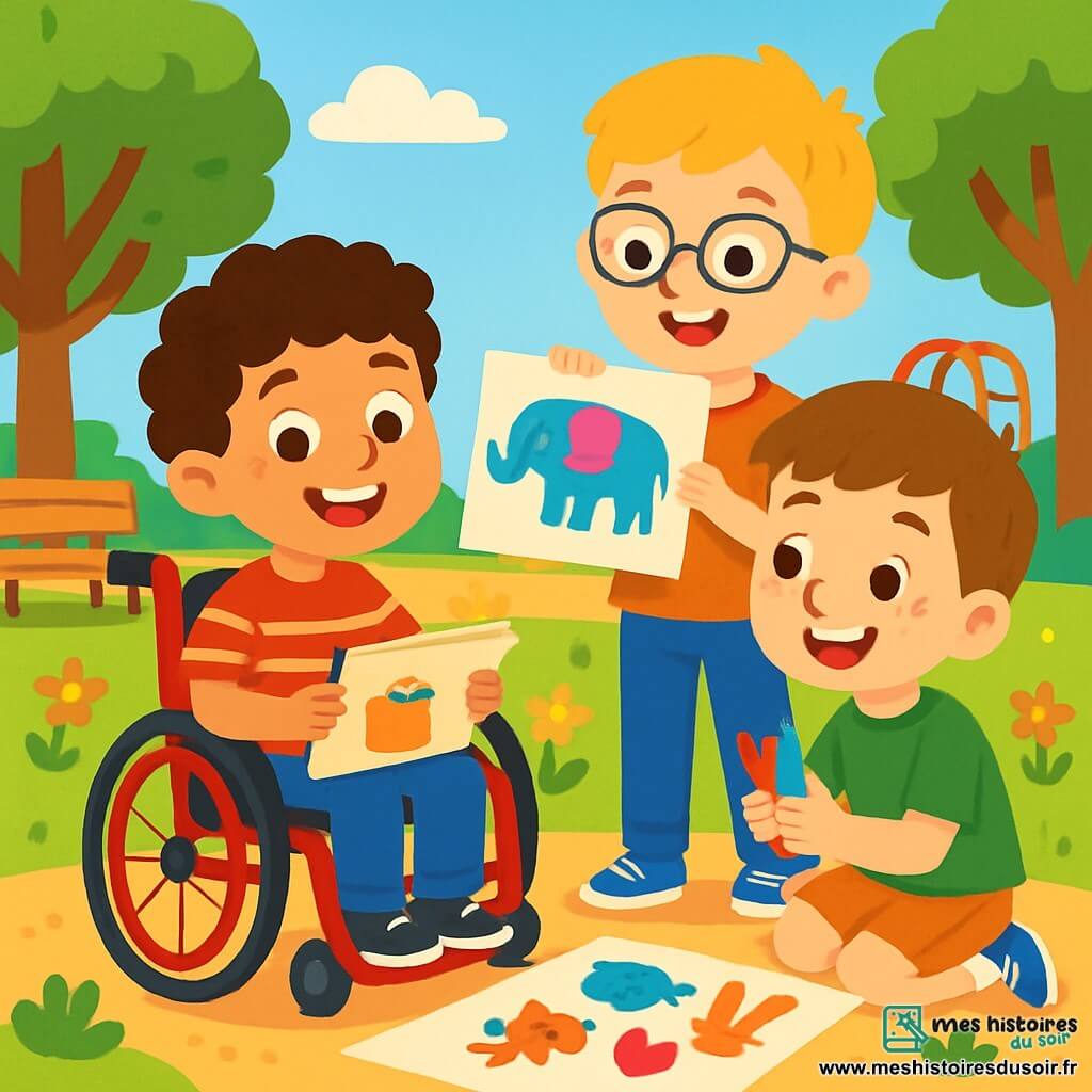 Trois personnages sont présents : Martin, un garçon de 8 ans aux cheveux bruns et bouclés, assis dans un fauteuil roulant rouge, souriant avec un carnet de dessin sur ses genoux ; Samuel, un garçon de 9 ans avec des cheveux blonds et des lunettes, debout à côté de Martin, montrant un dessin d'éléphant coloré ; et Léo, un garçon de 8 ans aux cheveux châtains et aux taches de rousseur, accroupi devant Martin avec des crayons de couleur, prêt à dessiner. La scène se déroule dans une cour d'école ensoleillée, entourée d'arbres verts et de fleurs colorées, avec des bancs en bois et des jeux pour enfants en arrière-plan. Les trois amis collaborent joyeusement pour créer un grand poster sur le handicap, illustrant l'importance de l'entraide et de l'amitié.