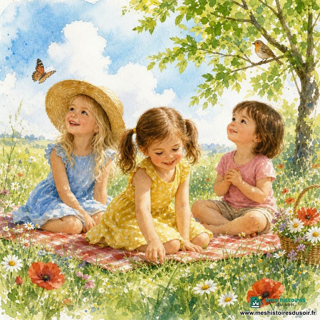 Trois filles — Lou (≈4 ans, couettes châtain, robe jaune à pois, assise au centre sur une petite couverture à carreaux rouges, touchant l'herbe), Chloé (≈4 ans, cheveux blonds lâchés, chapeau de paille, robe bleu clair, à gauche, regardant un papillon) et Zoé (≈3 ans, cheveux bruns courts, t-shirt rose, short beige, à droite, mains jointes, écoutant un oiseau) — partagent un pique-nique d'été dans un jardin ensoleillé avec pelouse verte, pâquerettes et coquelicots, un arbre à droite et ciel bleu; ambiance douce aquarelle, ombres légères, sourires et gestes tendres.