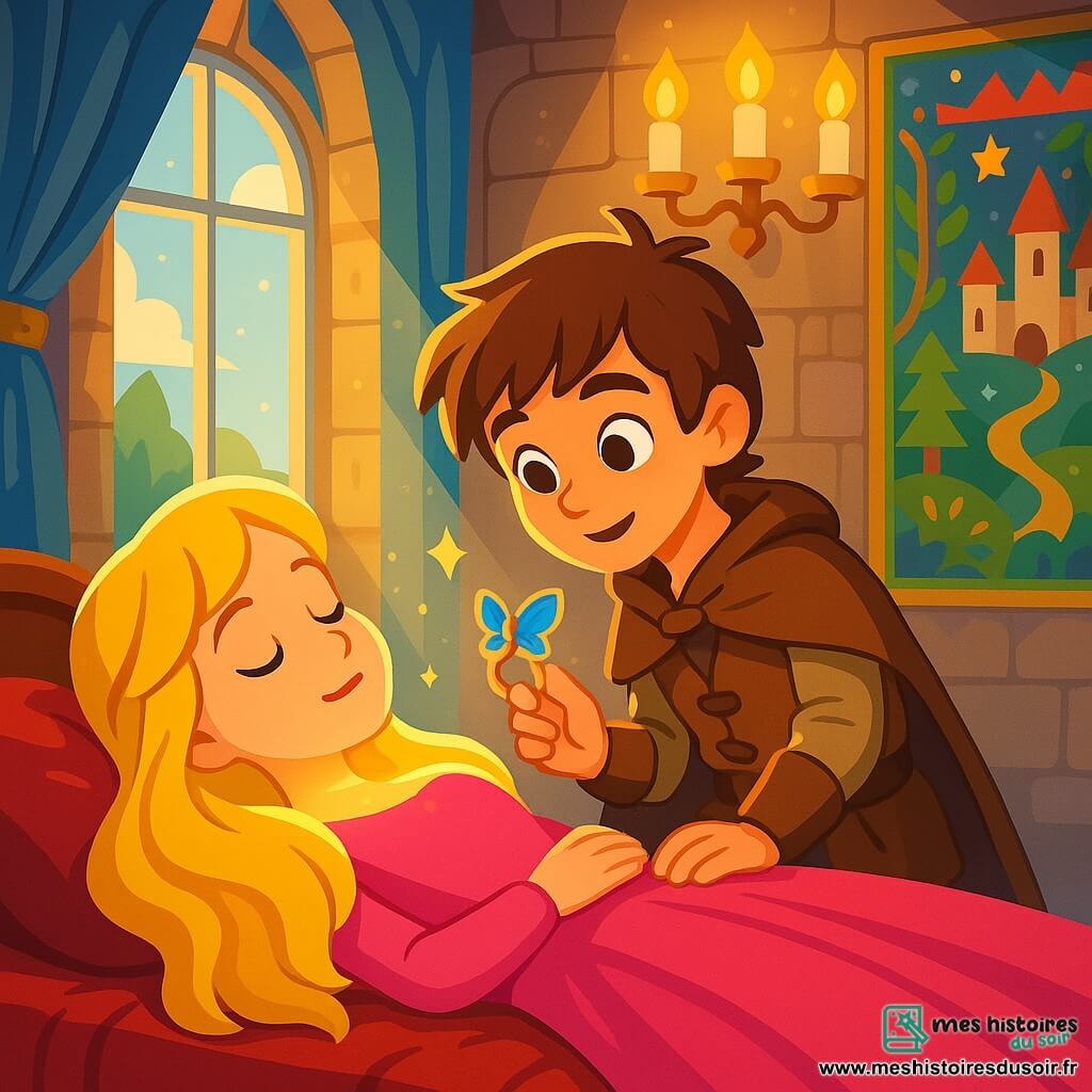 La Belle au bois dormant, une jeune fille aux longs cheveux dorés et à la robe rose, est allongée sur un lit en velours rouge, son visage paisible éclairé par une douce lumière. Ses yeux sont fermés, mais un léger sourire apparaît sur ses lèvres. À ses côtés, Adam, un garçon d'environ 12 ans avec des cheveux bruns en désordre et des vêtements en cuir, la regarde avec admiration, tenant une bague en forme de papillon. Le décor est une chambre de château ancien, avec des murs ornés de tapisseries, des chandeliers en cristal et des fenêtres laissant entrer la lumière. Adam est prêt à réveiller Belle de son sommeil enchanté, son cœur battant d'excitation.
