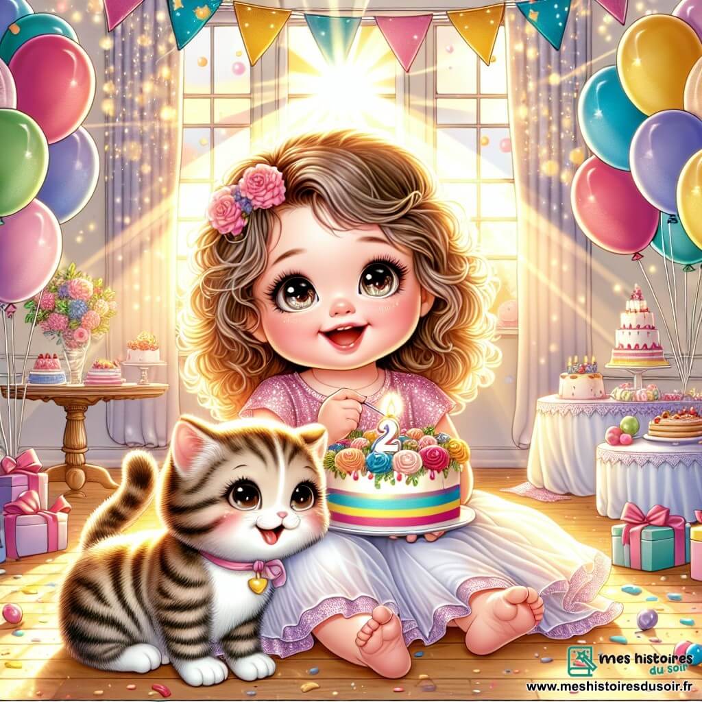 Zoé, une petite fille de 1 an avec de grands yeux pétillants et des cheveux bouclés, est assise dans un salon joyeusement décoré. Elle sourit émerveillée, tenant un morceau de gâteau coloré. À ses côtés, un petit chat rayé et curieux danse autour des ballons, semblant heureux de partager ce moment. Le salon est lumineux, rempli de ballons multicolores, de guirlandes scintillantes et d'une grande table de gâteaux. Des rayons de soleil filtrent à travers les fenêtres, créant une atmosphère magique. La scène montre Zoé et le chat partageant un moment de joie, illustrant l'esprit d'un anniversaire inoubliable.