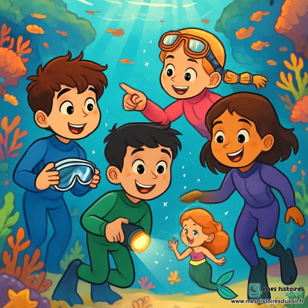 Quatre enfants explorent un lagon sous-marin magique. Jules, 11 ans, a des cheveux bruns en bataille et porte une combinaison de plongée bleue. Lila, également 11 ans, a des cheveux blonds tressés et une combinaison rose. Timéo, avec des cheveux noirs et une combinaison verte, tient une lampe étanche. Nour, 11 ans, a des cheveux châtains, une prothèse à la jambe et une combinaison violette. Ils découvrent une sirène miniature qui nage près d'eux, émerveillés par cette rencontre fascinante. Le lagon est entouré de corail coloré, avec des rayons de soleil illuminant des poissons multicolores et des algues ondulant doucement.