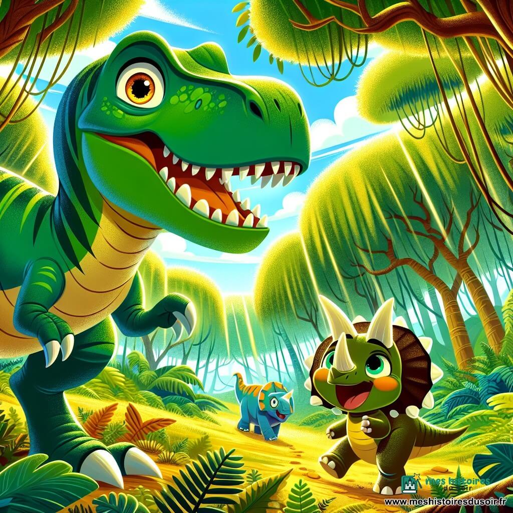 Tino, un Tyrannosaure Rex aux écailles vertes et aux yeux curieux, se tient dans une forêt luxuriante, souriant avec des dents pointues. Il regarde le ciel, prêt pour l'aventure. À ses côtés, Sora, un tricératops brun aux trois cornes, scrute l'horizon avec détermination. Plus loin, Lili, un petits compsognathus jaune, bondit joyeusement. La scène se déroule dans une forêt préhistorique vibrante, avec des arbres géants et des fougères. Des rayons de soleil illuminent l'endroit. Tino exprime son désir de découvrir le mystérieux rocher-lune, tandis que ses amis l'écoutent, prêts à l'accompagner dans cette quête.