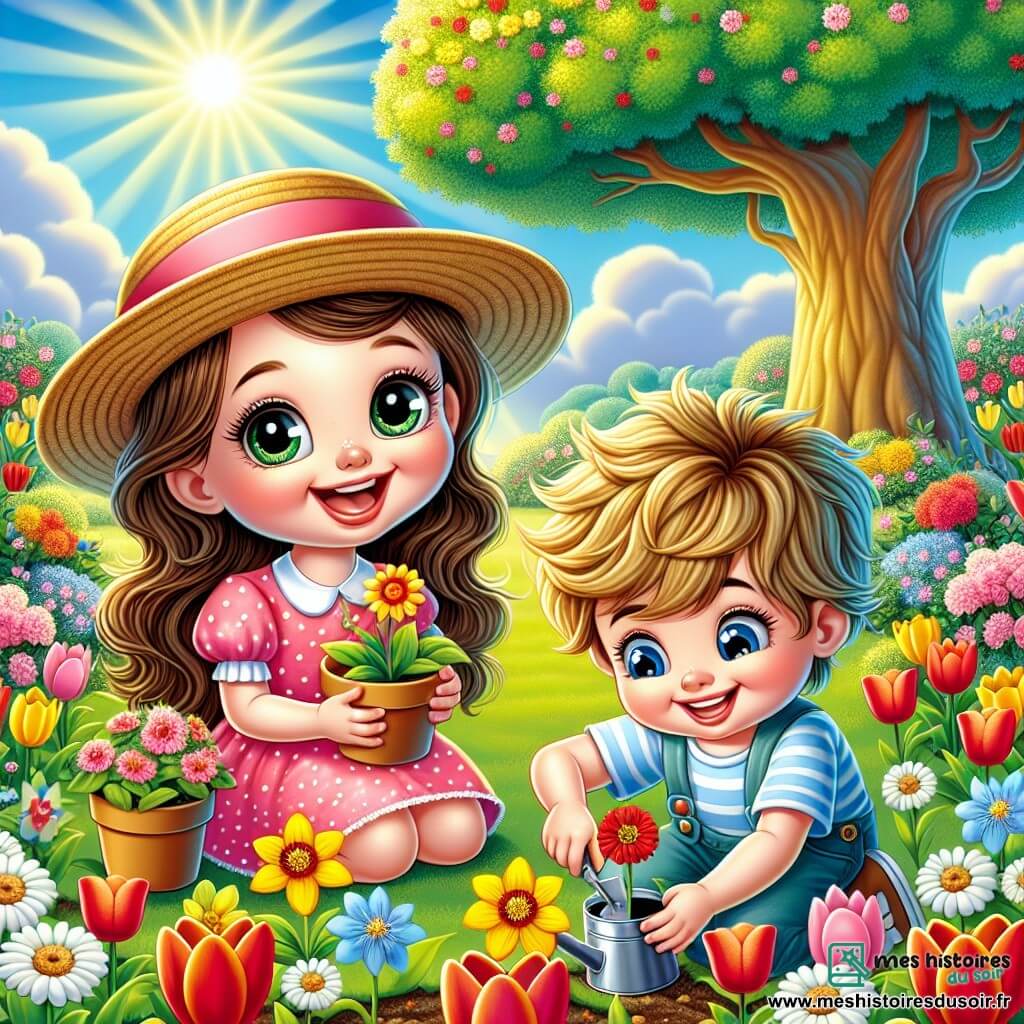 Léa, une petite fille de 4 ans aux longs cheveux bruns et aux yeux pétillants, est assise dans un jardin ensoleillé, entourée de fleurs colorées. Elle porte une robe rose à pois et un chapeau de paille, souriant en tenant un pot de fleurs. À côté d'elle, Tom, un garçon de 5 ans aux cheveux blonds en bataille et aux yeux bleus, plante une fleur, concentré et heureux. Le jardin est rempli de tulipes rouges, de jonquilles jaunes et de marguerites blanches, sous un ciel bleu clair avec quelques nuages. Au fond, un arbre majestueux offre une ombre douce. Léa et Tom préparent une chasse au trésor, souriants, entourés de pots de fleurs et de petits jouets cachés dans l'herbe verte.