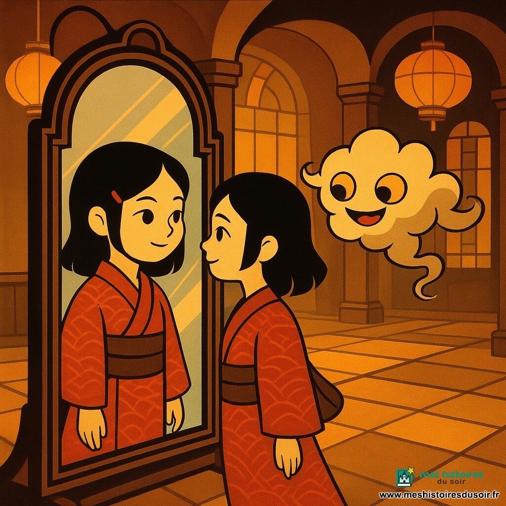 Nao, une jeune fille japonaise aux cheveux noirs et au sourire serein, se tient devant un miroir ancien. Elle semble curieuse et déterminée, ses yeux pétillent de découverte. À côté d'elle, Tobi, un petit yōkai espiègle, flotte dans les airs, ressemblant à un nuage enjoué avec des yeux malicieux. Ils sont dans une grande salle de château, ornée de lanternes et de tatamis, baignée d'une lumière douce. La scène montre Nao regardant son reflet, tandis que Tobi virevolte autour, créant une ambiance magique et mystérieuse.