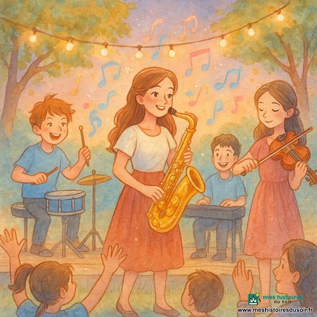 Clémentine (16–18 ans), souriante et concentrée, joue d’un saxophone doré nommé «Mélodie» ; Tom (≈14 ans), énergique, bat sur une petite batterie à gauche ; Anna (≈15 ans), violoniste douce, tient l’archet à droite ; Lucas (≈16 ans), pianiste rieur, est assis au piano portable en retrait au centre. Sur une petite scène en bois dans un parc au crépuscule, une fontaine en pierre et de grands arbres aux feuilles vertes et dorées forment le décor, des guirlandes lumineuses pendent, des enfants dansent et des adultes applaudissent au premier plan. Concert chaleureux et joyeux au festival du village, notes colorées flottant en volutes autour des musiciens, ambiance conviviale et magique, palette pastel, textures aquarelle douces et rehauts blancs brillants sur instruments et lumières.