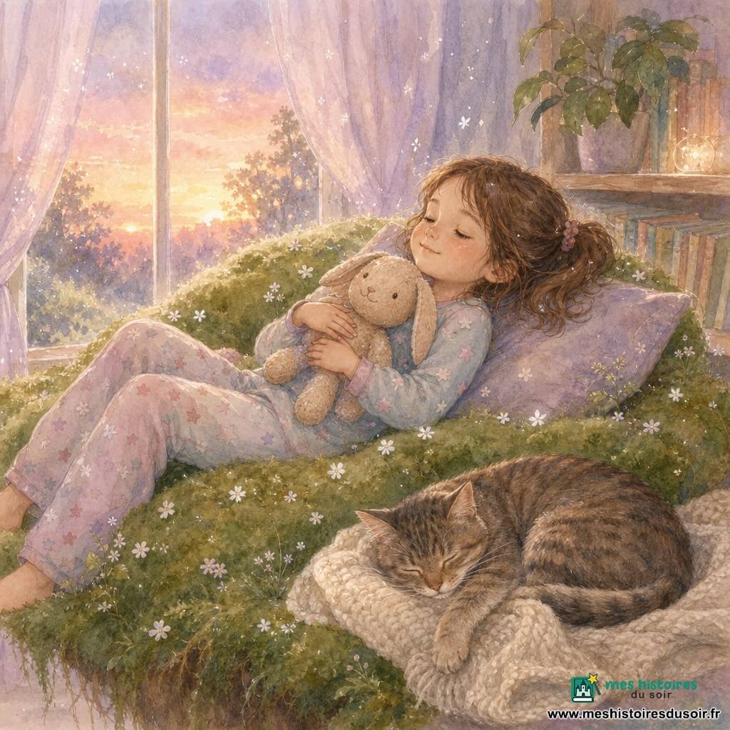 Fille de 8 ans calme, allongée sur un lit de mousse verte épaisse semblable à un îlot de gazon, cheveux châtains en couette lâche, pyjama pastel à étoiles, tenant un petit lapin roux en peluche usée contre sa poitrine ; un chat tigré roulé en boule au pied du lit, patte sur une couverture crème ; chambre au crépuscule avec grandes fenêtres et rideaux lavande, reflets dorés du soleil couchant, étagère en bois clair avec livres et plante à larges feuilles ; mousse ponctuée de petites fleurs blanches et bulles lumineuses pastel montant vers le plafond, atmosphère douce et enveloppante aux tons aquarelle et reflets légers.