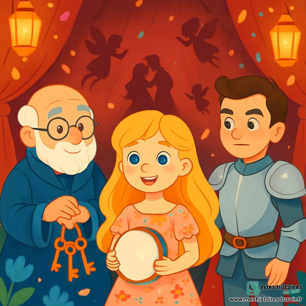 La Belle au bois dormant, une jeune fille aux cheveux dorés, se tient au centre avec un sourire doux et des yeux pétillants. Elle porte une robe légère ornée de fleurs et tient un tambourin brillant. À ses côtés, Monsieur Tempus, un homme âgé aux lunettes rondes, l'observe avec bienveillance, vêtu d'une tunique en velours bleu. Un peu plus loin, le Prince, déterminé, est prêt à l'écouter dans son armure scintillante. Le décor est un théâtre d'ombres avec des silhouettes dansantes sur un fond de velours rouge, des fées flottent autour, et des lanternes scintillantes illuminent la scène. La Belle au bois dormant se prépare à partager son histoire et à demander pardon, tandis que les personnages l'écoutent attentivement, créant un moment de connexion dans ce lieu féerique.