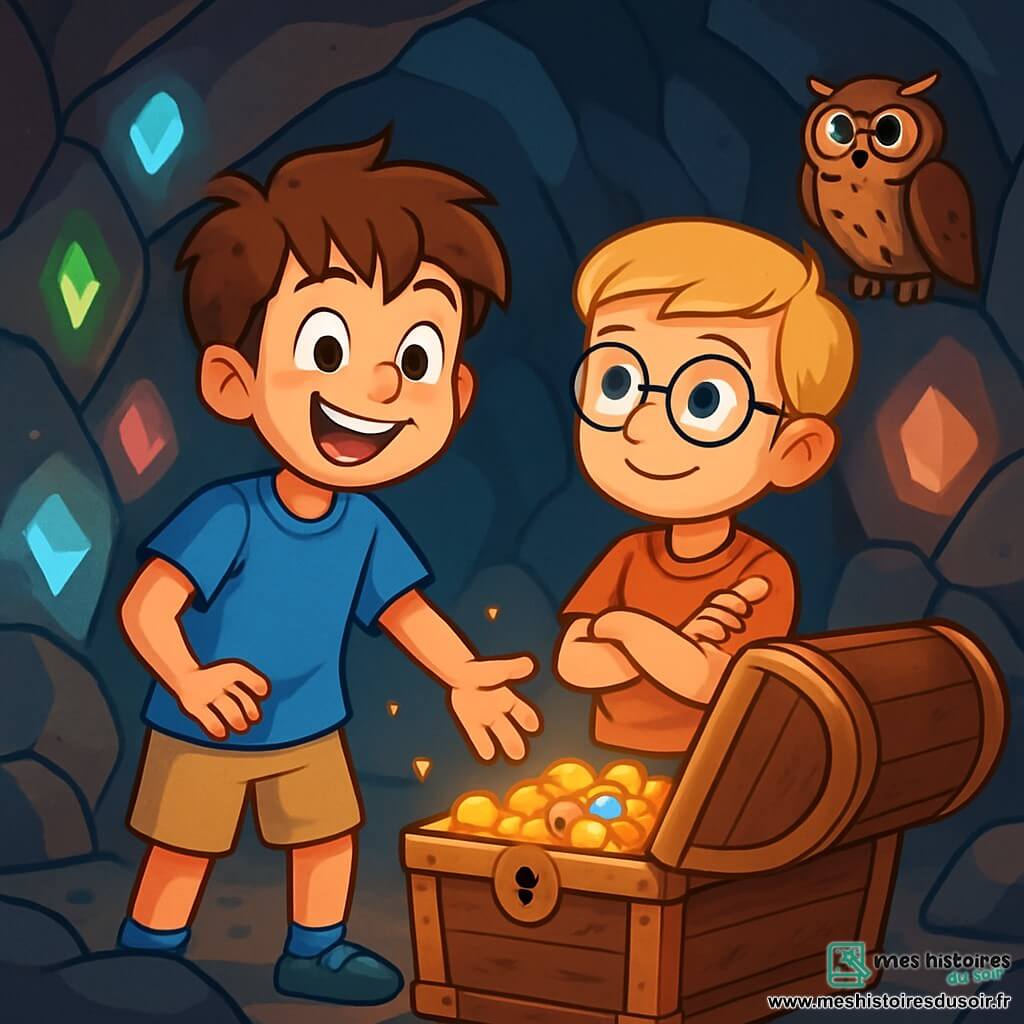 Un garçon de 10 ans, Lucas, se tient au centre de la scène, avec des cheveux châtains en bataille et des yeux curieux. Il porte un t-shirt bleu et un short beige, affichant un large sourire. À ses côtés, son meilleur ami Tom, également âgé de 10 ans, a des cheveux blonds et des lunettes rondes, regardant le coffre avec émerveillement. La scène se déroule dans une grotte mystérieuse, où des pierres lumineuses illuminent les murs sombres. Un vieux coffre en bois, entrouvert, laisse entrevoir des pièces d'or et des pierres précieuses. Lucas et Tom s'approchent du coffre, leurs yeux brillants d'excitation, tandis qu'un vieux hibou les observe, ajoutant une touche de magie à l'atmosphère d'aventure et de mystère.