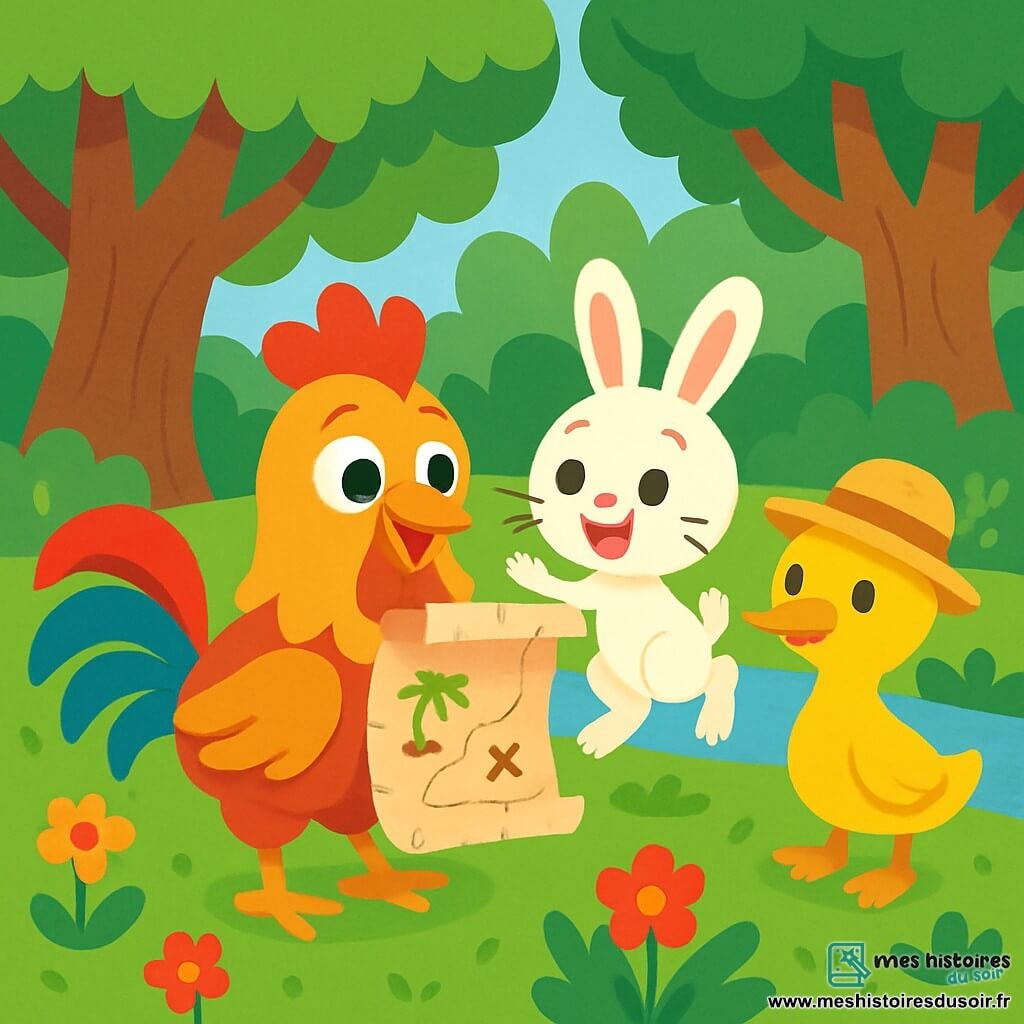 Un coq aux plumes dorées et rouges, curieux et joyeux, se tient fièrement au centre, tenant une vieille carte au trésor dans son bec. À côté, un petit lapin aux grandes oreilles blanches et aux yeux pétillants regarde la carte avec émerveillement. Non loin, une canne jaune vif avec un chapeau en paille les observe, prête à les accompagner. La scène se déroule dans une forêt enchantée avec de grands arbres, des fleurs éclatantes et un ruisseau scintillant en arrière-plan. Coco, le coq, et ses amis découvrent une carte au trésor, impatients de partir à l’aventure pour trouver des merveilles cachées.
