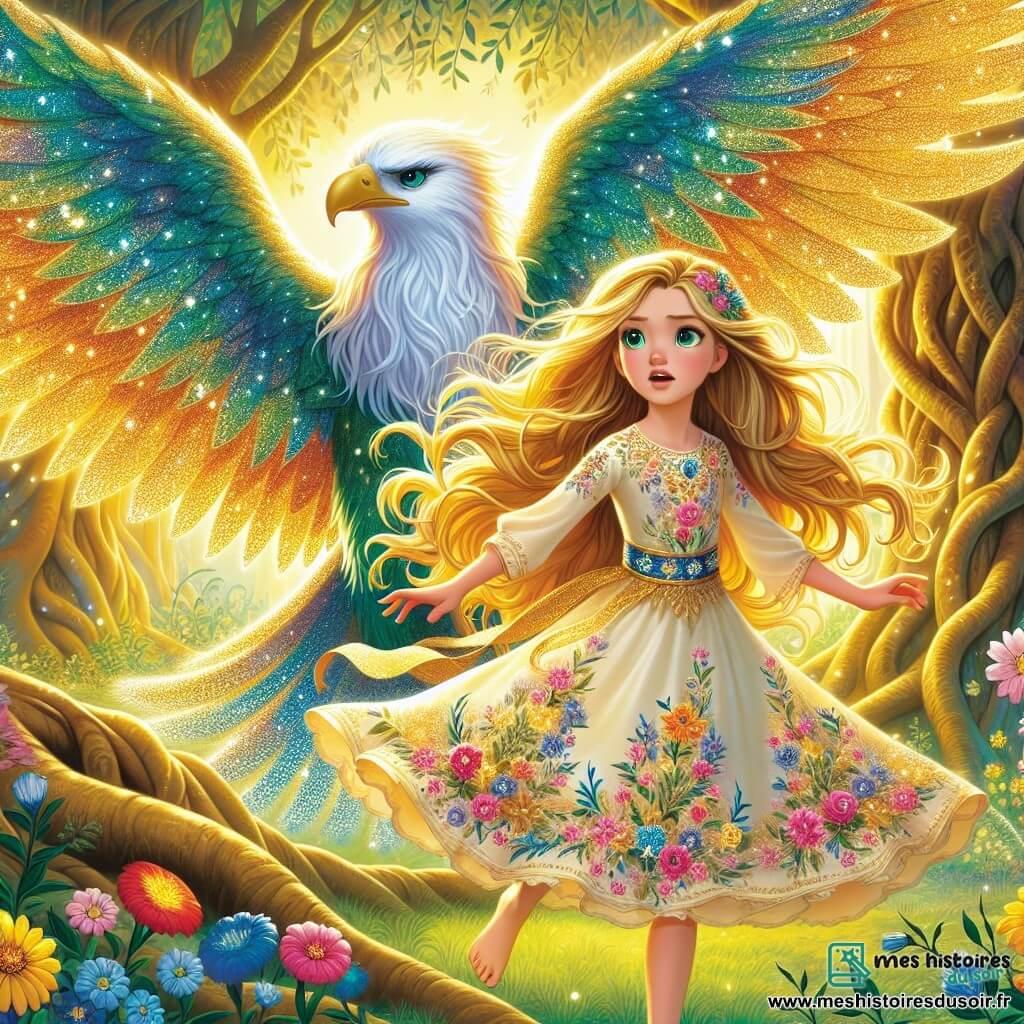Au centre de l'image, Lila, une fille de 11 ans, affiche un regard émerveillé et déterminé. Elle a de longs cheveux dorés flottant dans le vent et des yeux brillants d'excitation. Sa robe légère aux couleurs vives est ornée de motifs floraux, et elle tient une plume scintillante, prête pour l'aventure. À ses côtés, l'Aigle Saphir, une créature majestueuse mi-humaine, mi-aigle, déploie ses ailes étincelantes et observe Lila avec fierté. Le décor est une clairière enchantée, baignée de lumière dorée, entourée d'arbres noueux et de fleurs colorées. En arrière-plan, le Sorcier des Ombres, silhouette sombre et menaçante, se profile, tandis que Lila, déterminée, se prépare à protéger le Monde des Rêves, encouragée par le regard protecteur de l'Aigle Saphir.