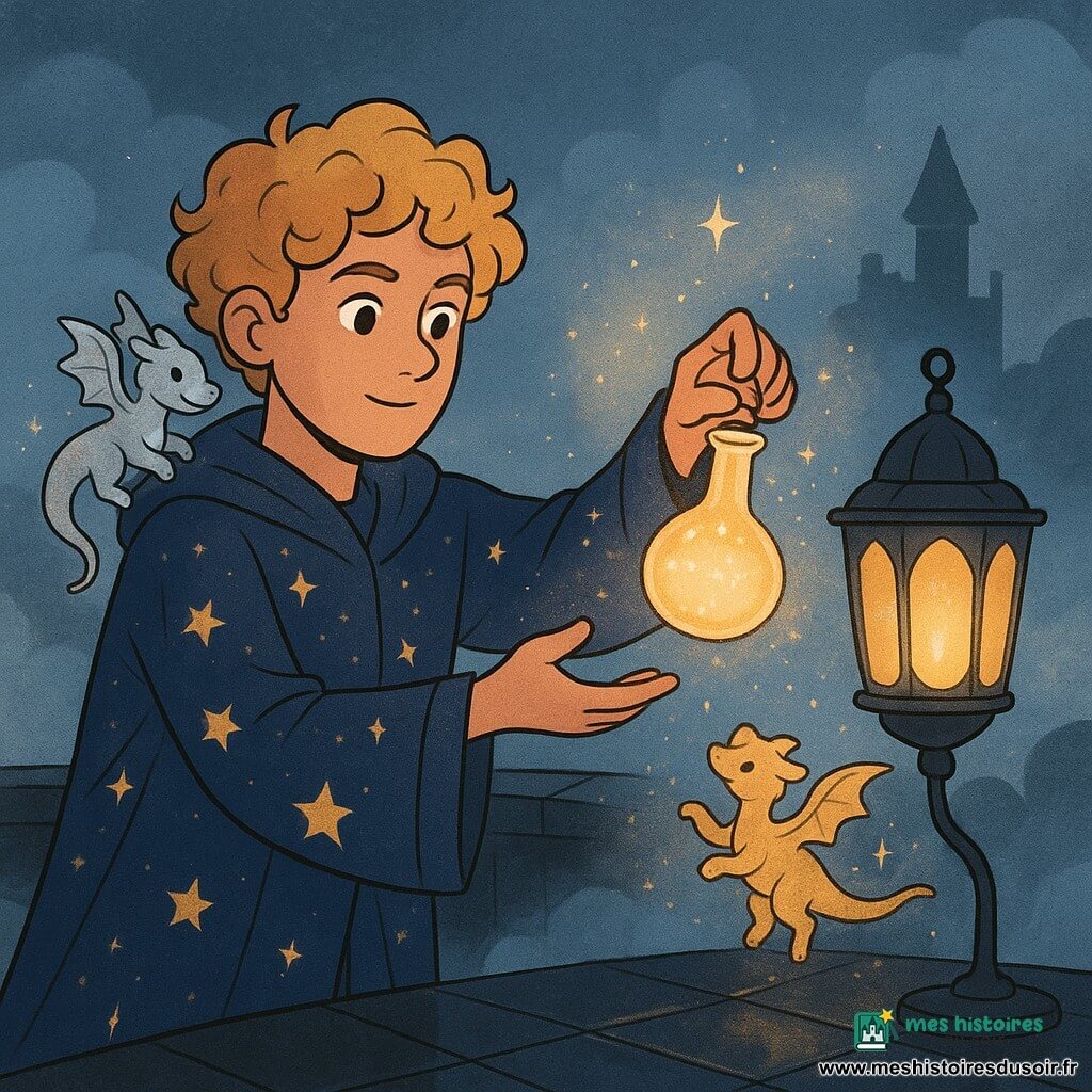 Lior, un jeune homme surnommé l'alchimiste des étoiles, a des cheveux bouclés et dorés et porte un manteau d'alchimiste bleu nuit orné de motifs étoilés. Avec un regard déterminé et bienveillant, il tend une fiole lumineuse vers une lanterne magique. Deux petits dragons de poussière, l'un argenté et l'autre doré, virevoltent autour de lui, projetant des étincelles. L'un est sur son épaule et l'autre joue avec les étoiles. La scène se passe sur une terrasse de la Forteresse d'Ombreflot, en verre noir brillant, entourée d'un brouillard mystérieux. Lior verse une potion de lumière sur la Lanterne de Nébula, qui brille intensément, illuminant le brouillard d'une lueur magique.