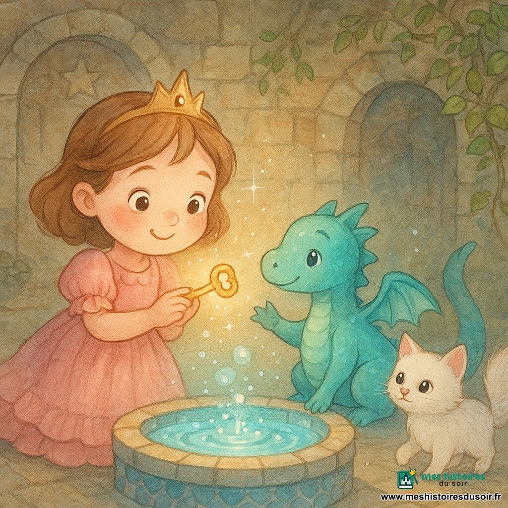 La princesse sourit, joues rosies, en robe rose à volants, souffle sur une petite clé brillante qui s'illumine d'un éclat doré pendant qu'un petit dragon turquoise nacré tend la patte et qu'un chat blanc duveteux près d'une fontaine mosaïque à eau bleu pâle scintillante les observe émerveillés dans une salle de pierre aux voûtes basses, murs de vigne et porte ornée d'une étoile.