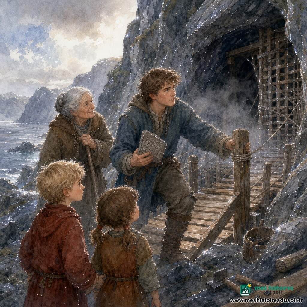 Einar, jeune homme au visage rond et cheveux châtains emmêlés, se tient au seuil d'une grotte sombre, tenant une pierre gravée dans la main droite et appuyant l'autre sur un poteau du petit pont en construction; derrière lui, Sigrid, une femme d'environ 75 ans aux cheveux gris en chignon, appuyée sur son bâton, sourit calmement. Au premier plan, un garçon de 7 ans aux cheveux blonds et un fille de 5 ans aux couettes brunes se tiennent main dans la main, curieux; le site est une falaise au bord d'un fjord brumeux avec pierres mouillées et mer sombre; on construit un pont et une paroi ajourée à l'entrée de la grotte, planches clouées, cordes et outils visibles, ambiance de travail collectif aux tons bleus et gris avec touches chaudes sur les vêtements et reflets blancs sur les gouttes et le bois.